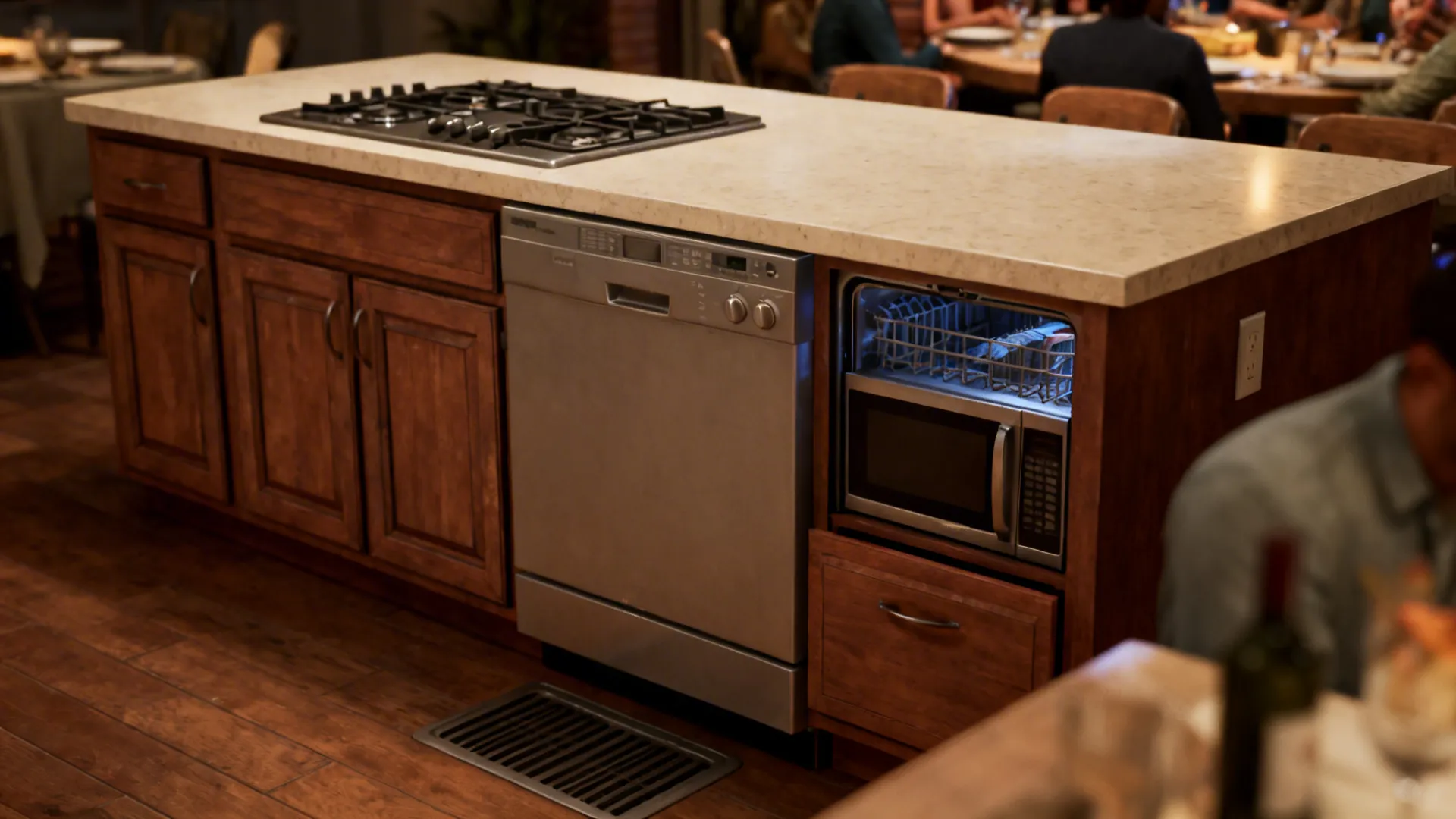 Kitchen island with built-in dishwasher microwave and gas stove top with dark brown wood cabinets