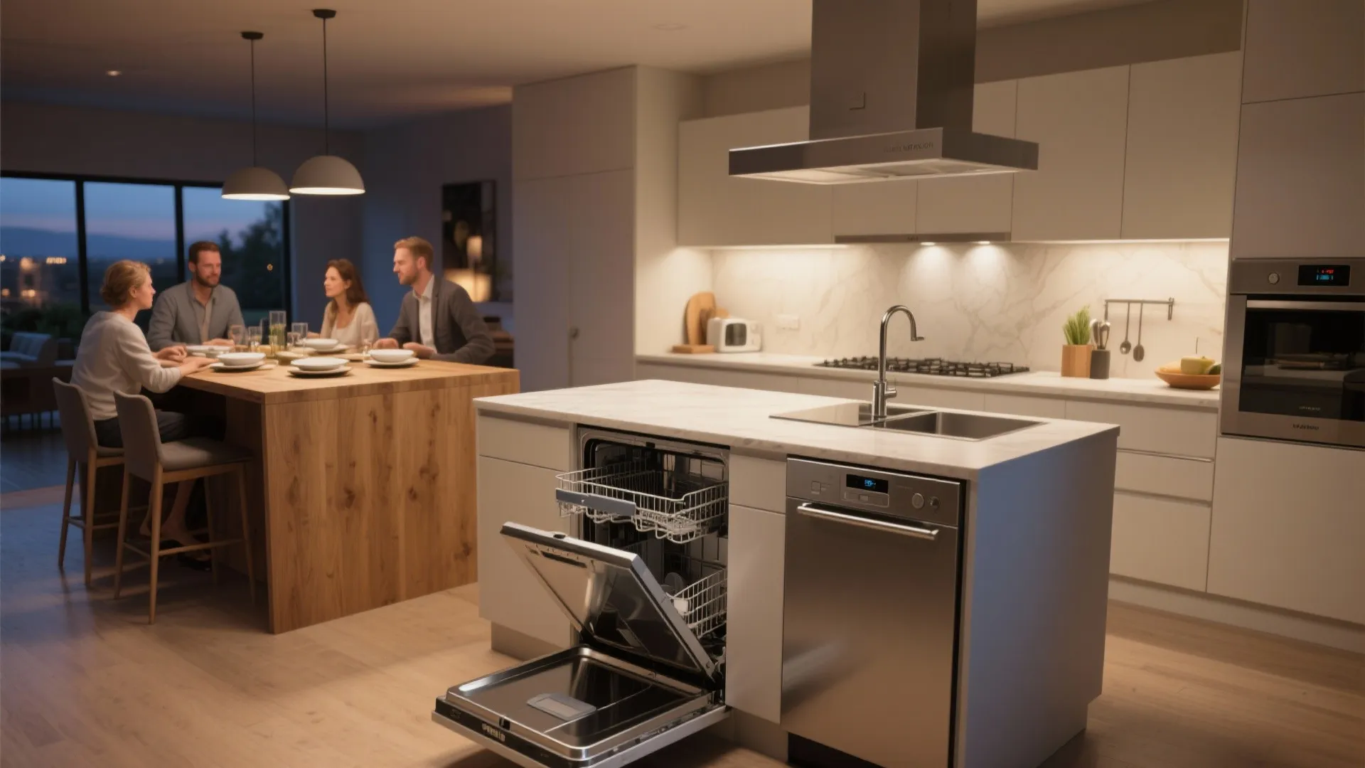 Open-plan kitchen with one dishwasher under the counter and a second integrated into the island for social flow.