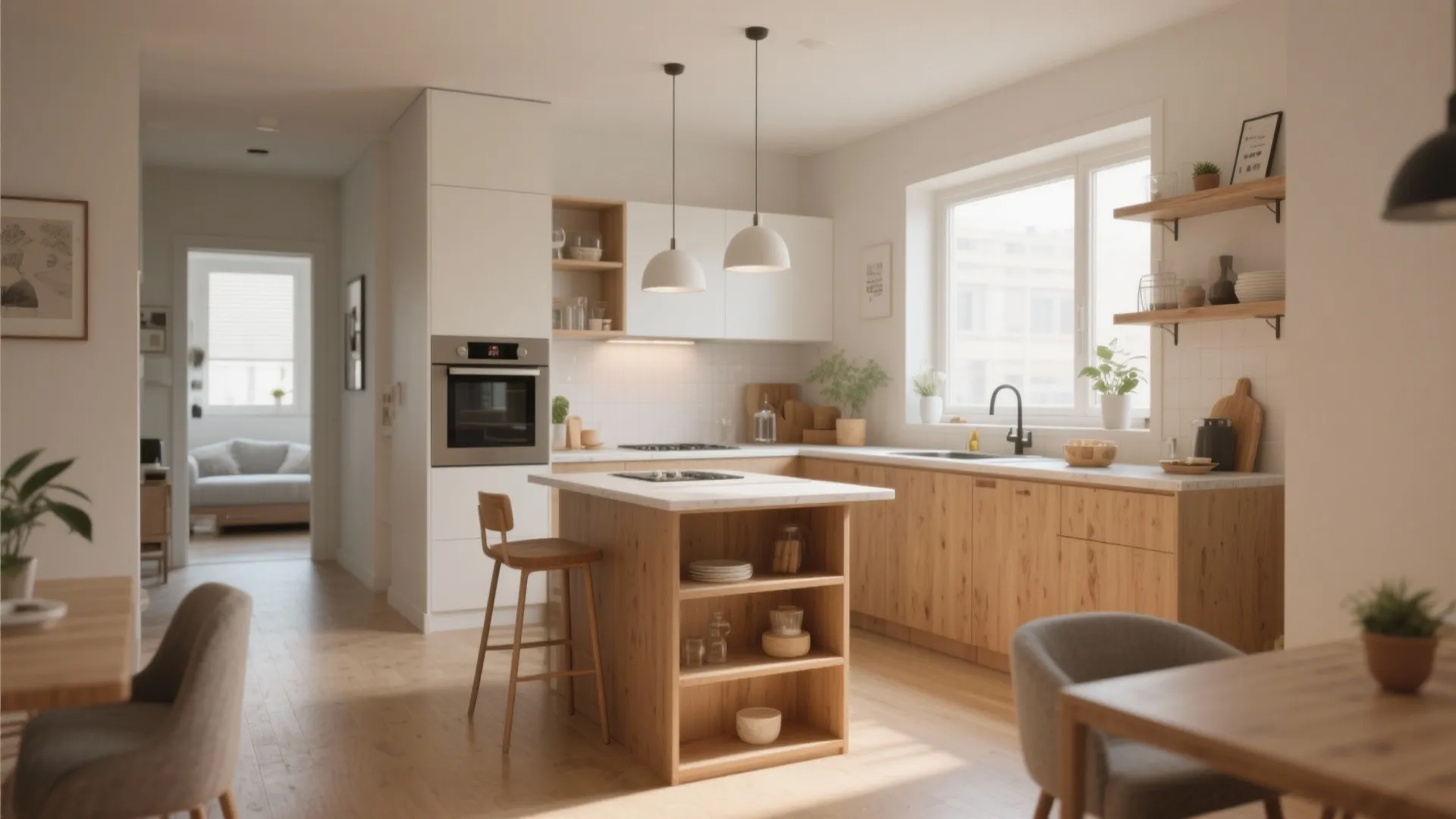 Small kitchen island with shelves and seating