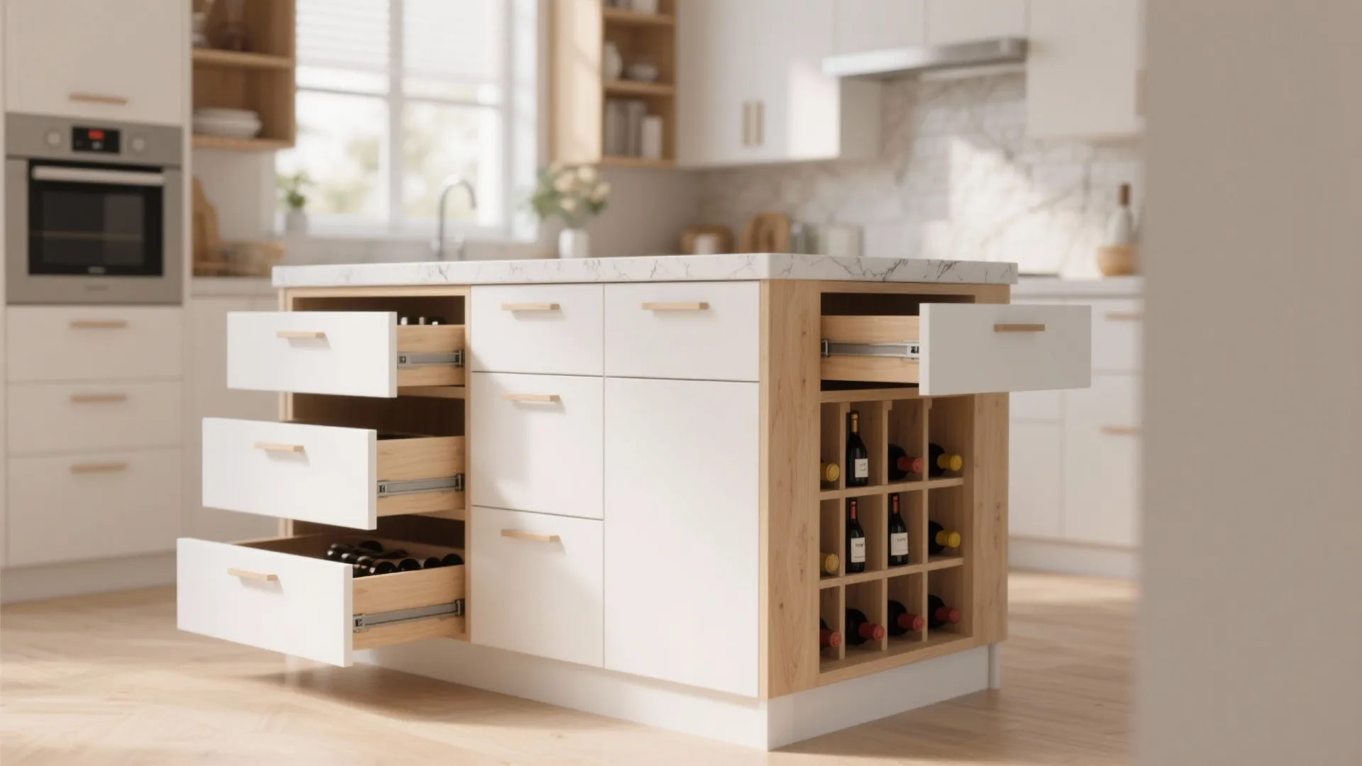 Modern white kitchen island with open wooden drawers and built-in wine storage rack with bottles