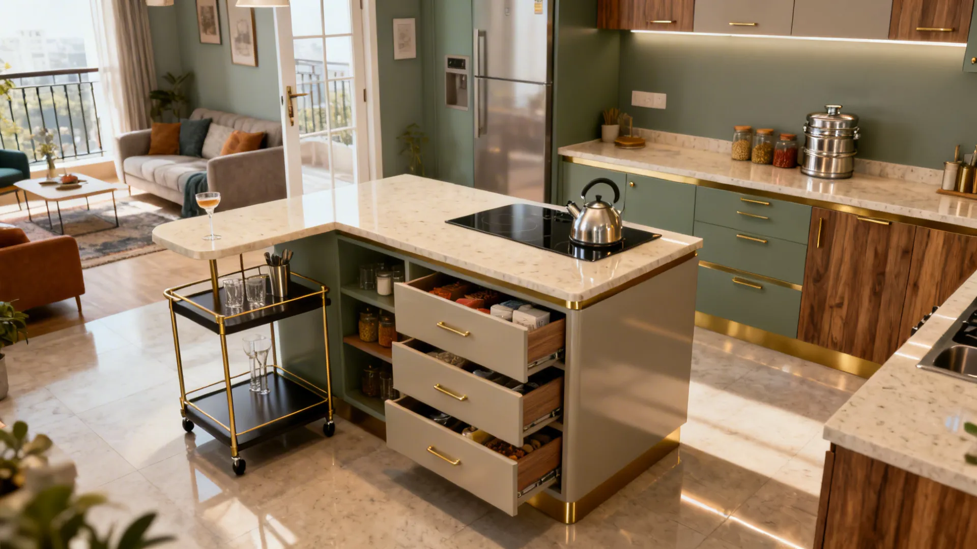 Modern green kitchen island with open storage drawers, stovetop, rolling cart, and living room background