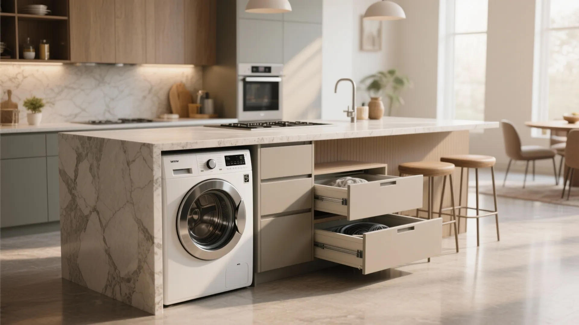 Marble kitchen island with integrated washing machine open storage drawers and stools in a bright room