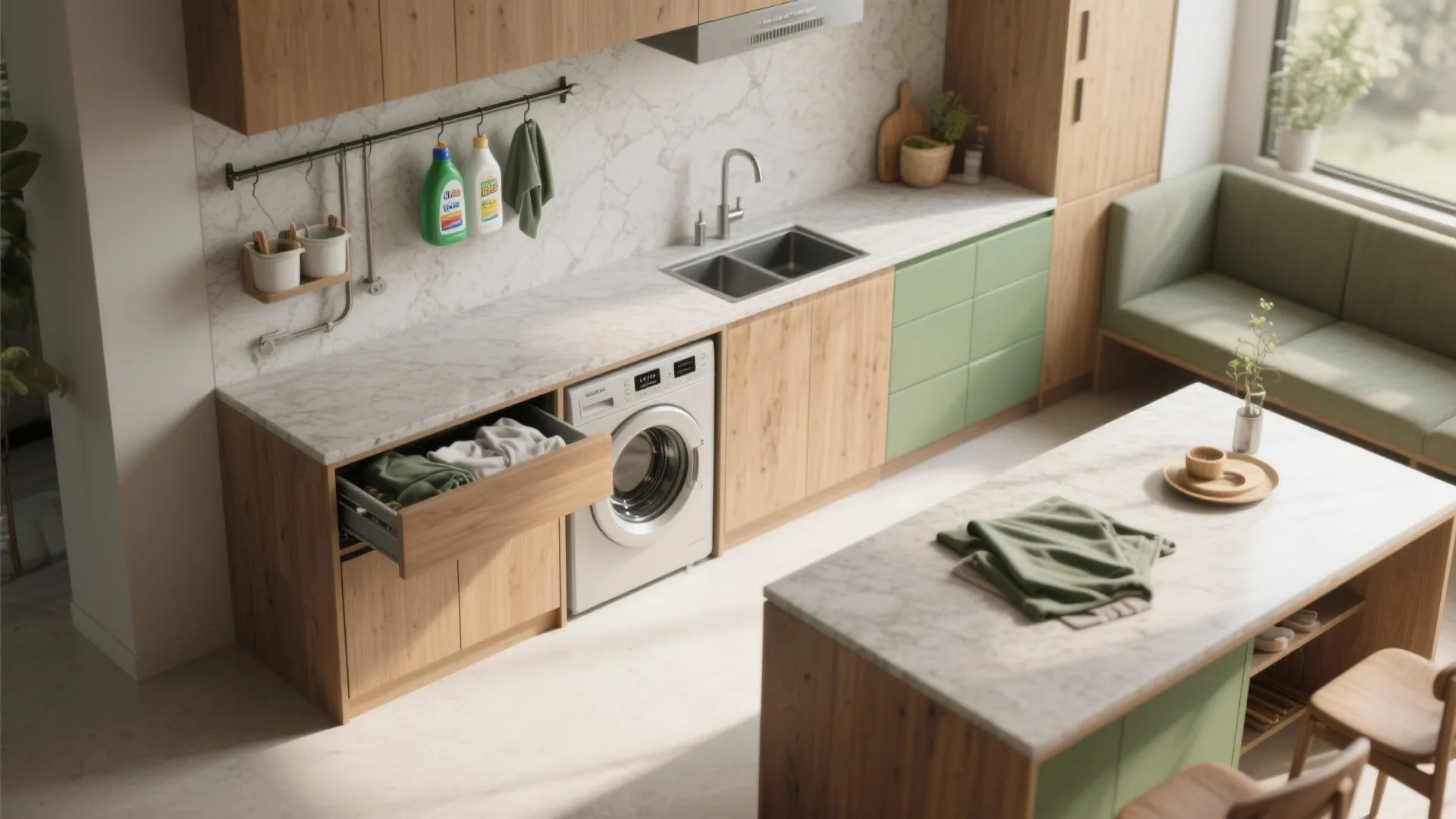 Modern kitchen with washing machine under counter green sofa and wood island featuring a sink