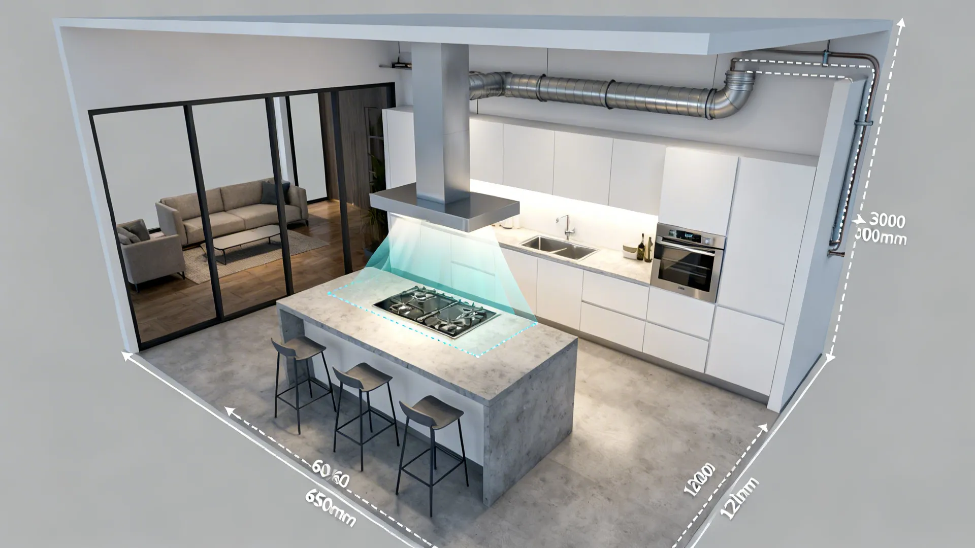 Top-down view showing an island hood capture zone and duct route in an open-plan kitchen layout.