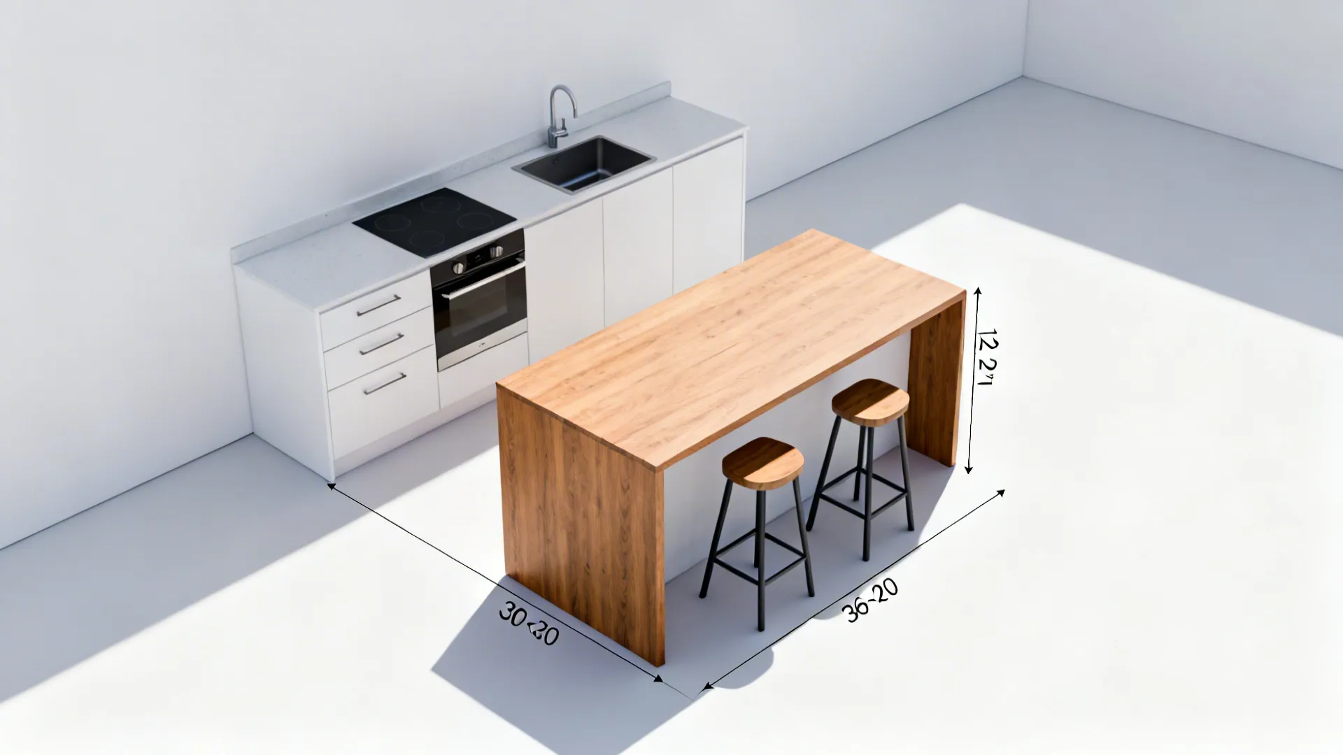 Top-down view of a one-wall kitchen showing a 60x30 inch island with clear 36–42 inch aisles.