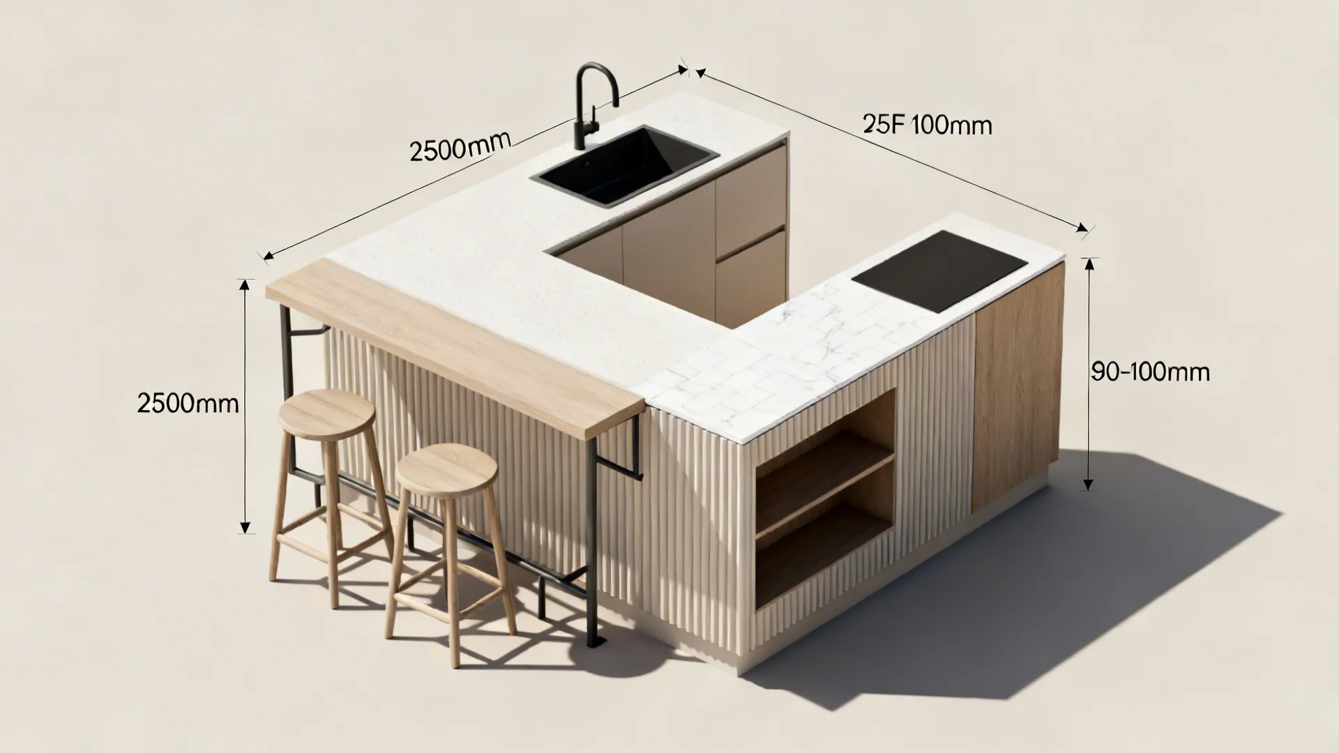 Top-down visual of island seating overhang, bracket positions, and niche depths in a compact kitchen.