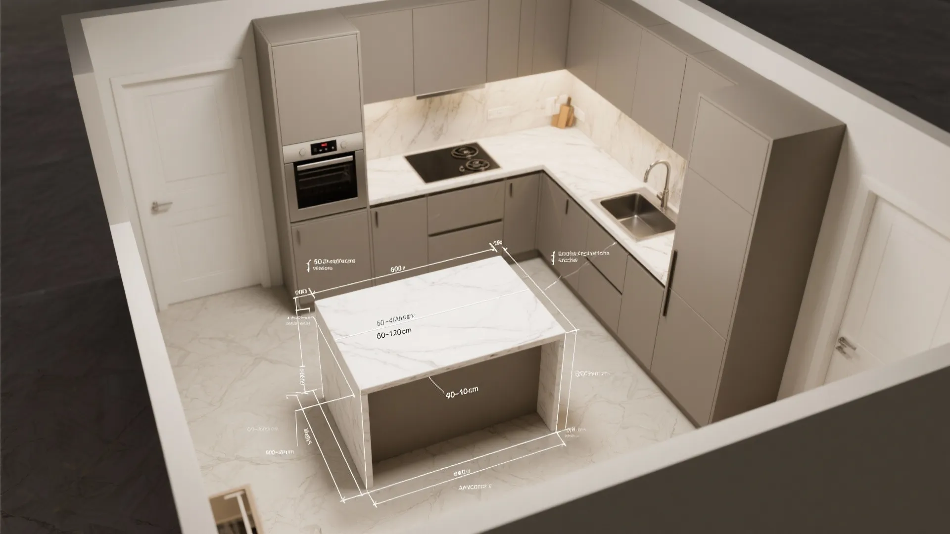 Top-down kitchen layout showing island dimensions and circulation clearances in a grey-and-white scheme.