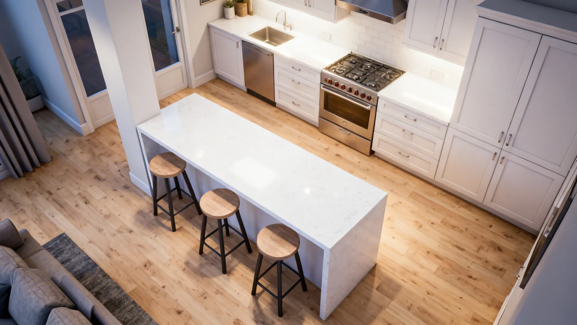 Top-down view showing clearances around a small kitchen island with seating and workflow zoning.