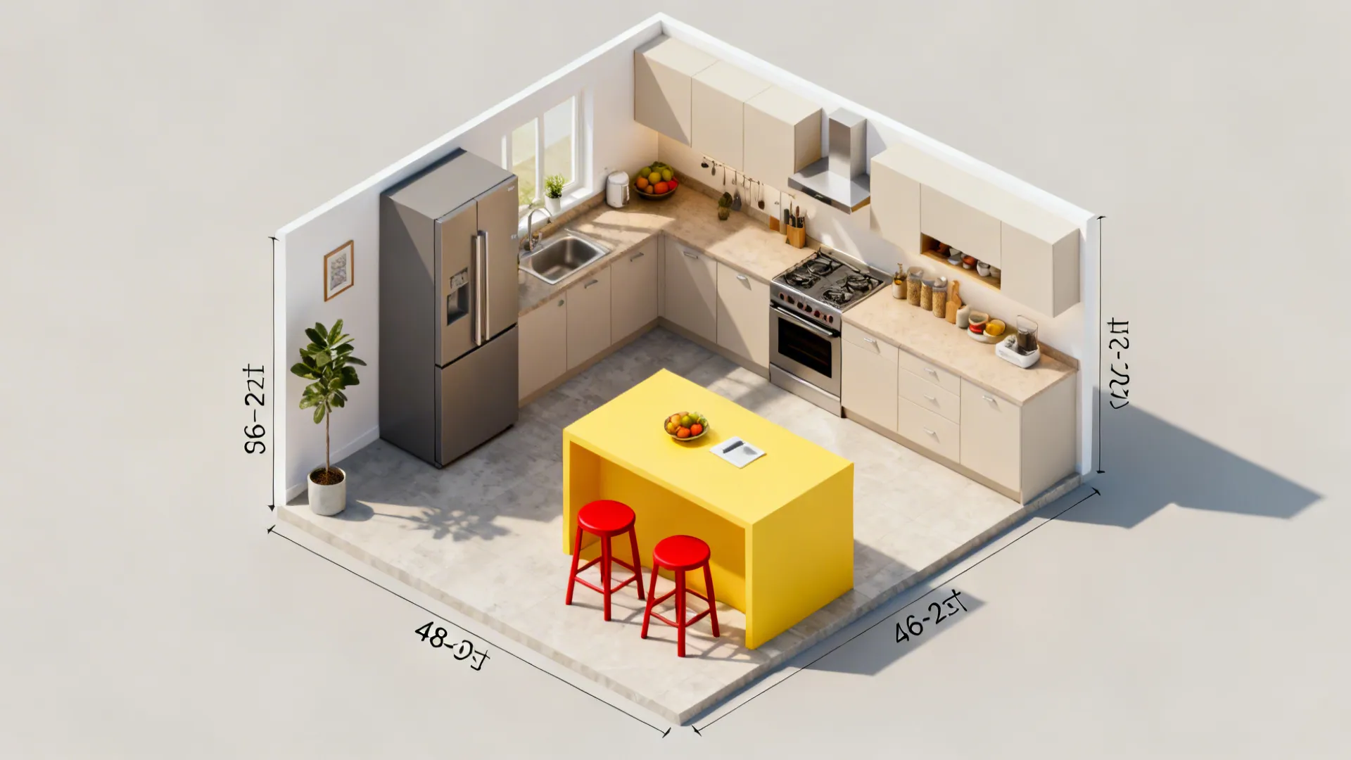 Top-down view showing a small kitchen with yellow island, red stools, and clear circulation aisles.