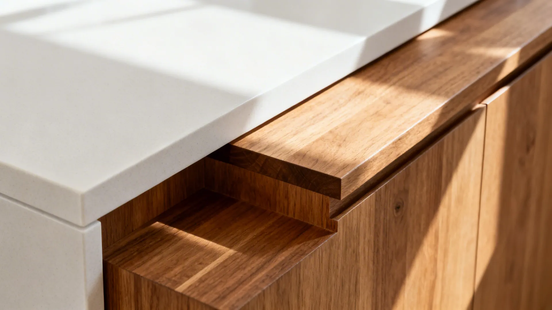 Macro of a white quartz top meeting a raised oak breakfast ledge with crisp joinery.