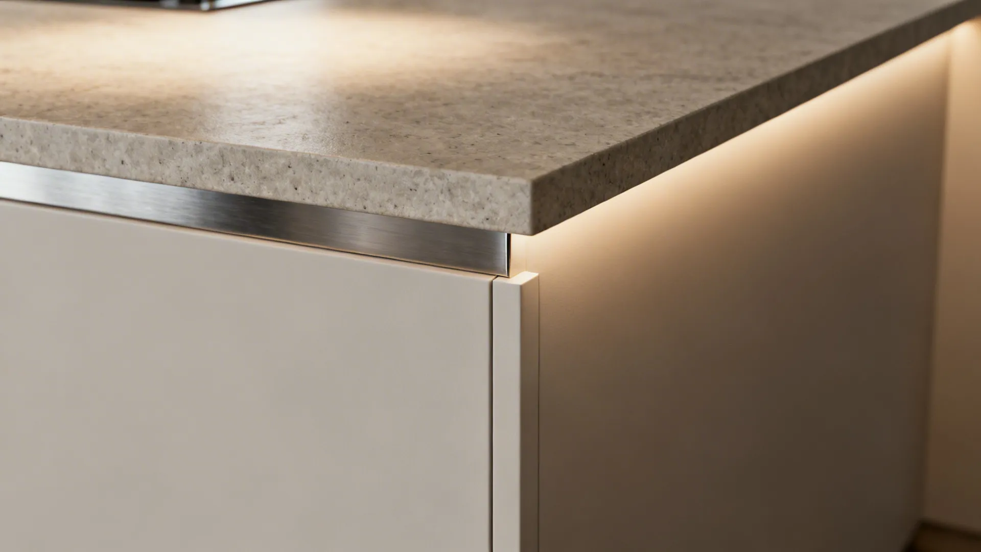 Close-up of the raised island ledge with stone and matte painted finish under soft task light.