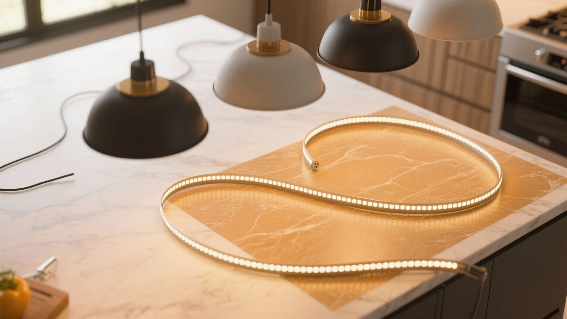 Modern kitchen island with marble countertop featuring led strip lights and three black ceiling lights