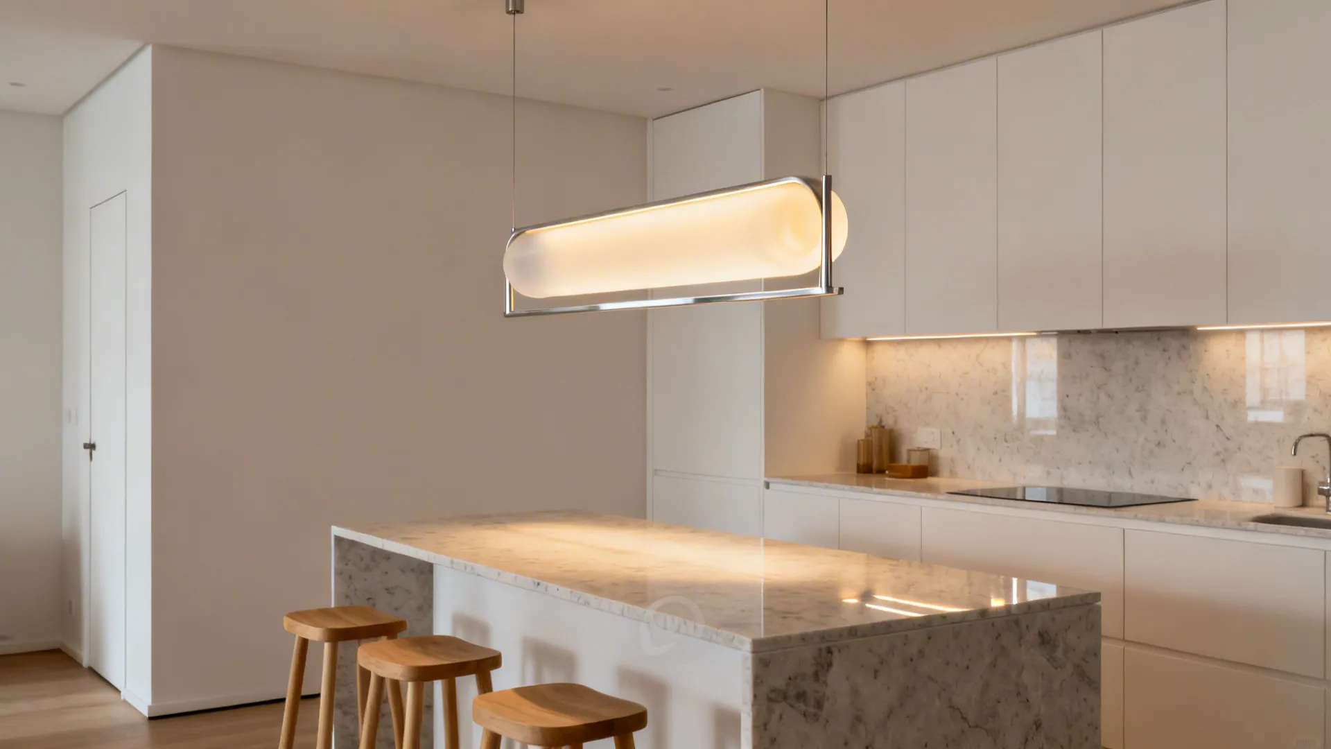 Compact kitchen island lit by a slim elongated pendant with a frosted diffuser at balanced height.