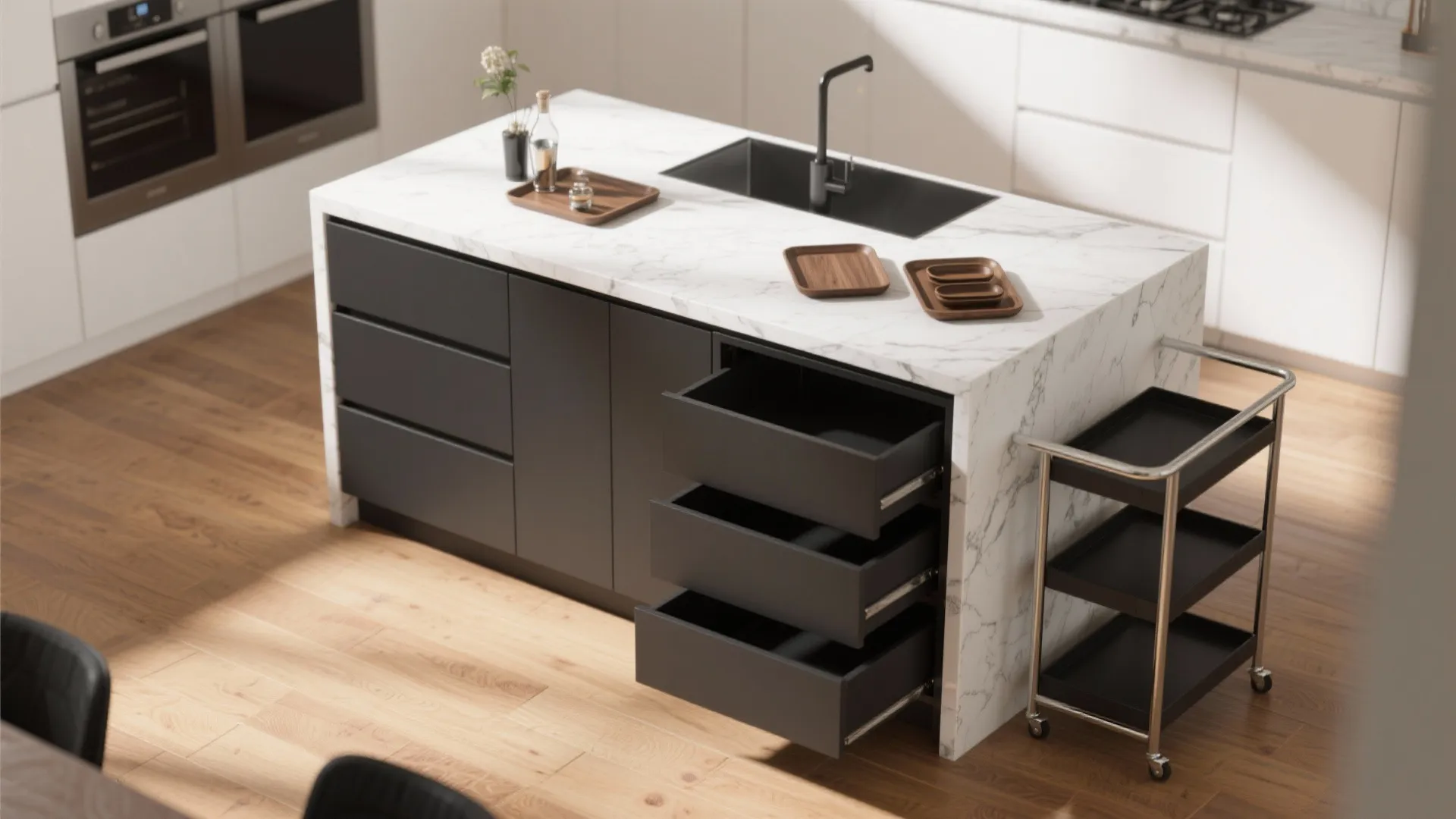 Modern kitchen island with marble countertop black drawers open storage and wooden floor room interior
