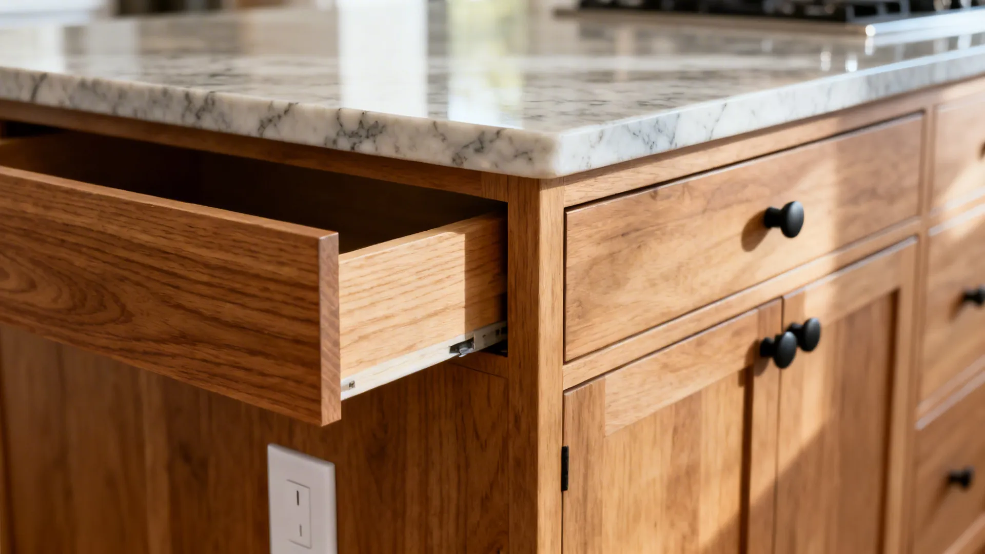 Close-up of quartz overhang, recessed toe-kick, and soft-close drawer on a kitchen island.