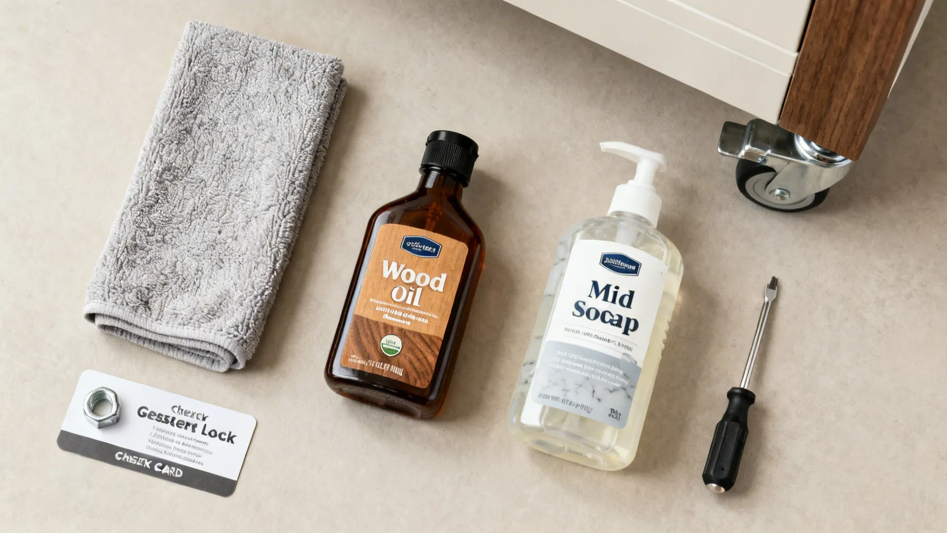 Flat lay of microfiber cloth, wood oil, mild soap, and tools for island upkeep.