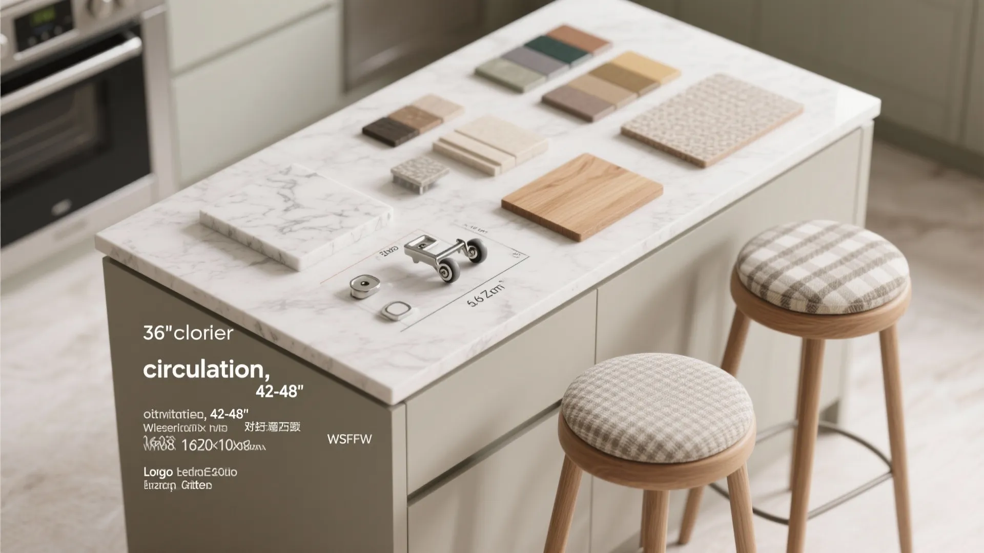 Material flatlay of quartz, wood, fabric swatches and hardware with dimension notes for island clearances