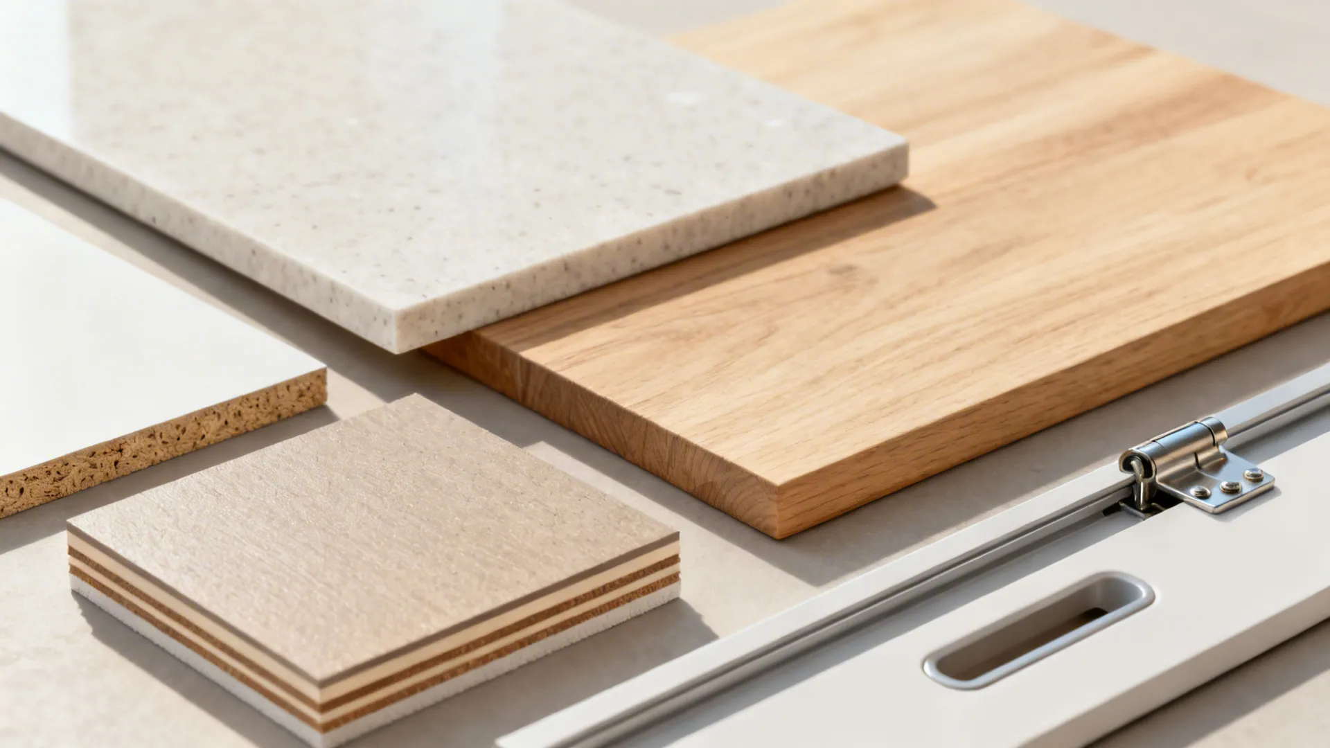 Flat lay of quartz, sealed maple, compact laminate, hardware, and pulls for small islands.