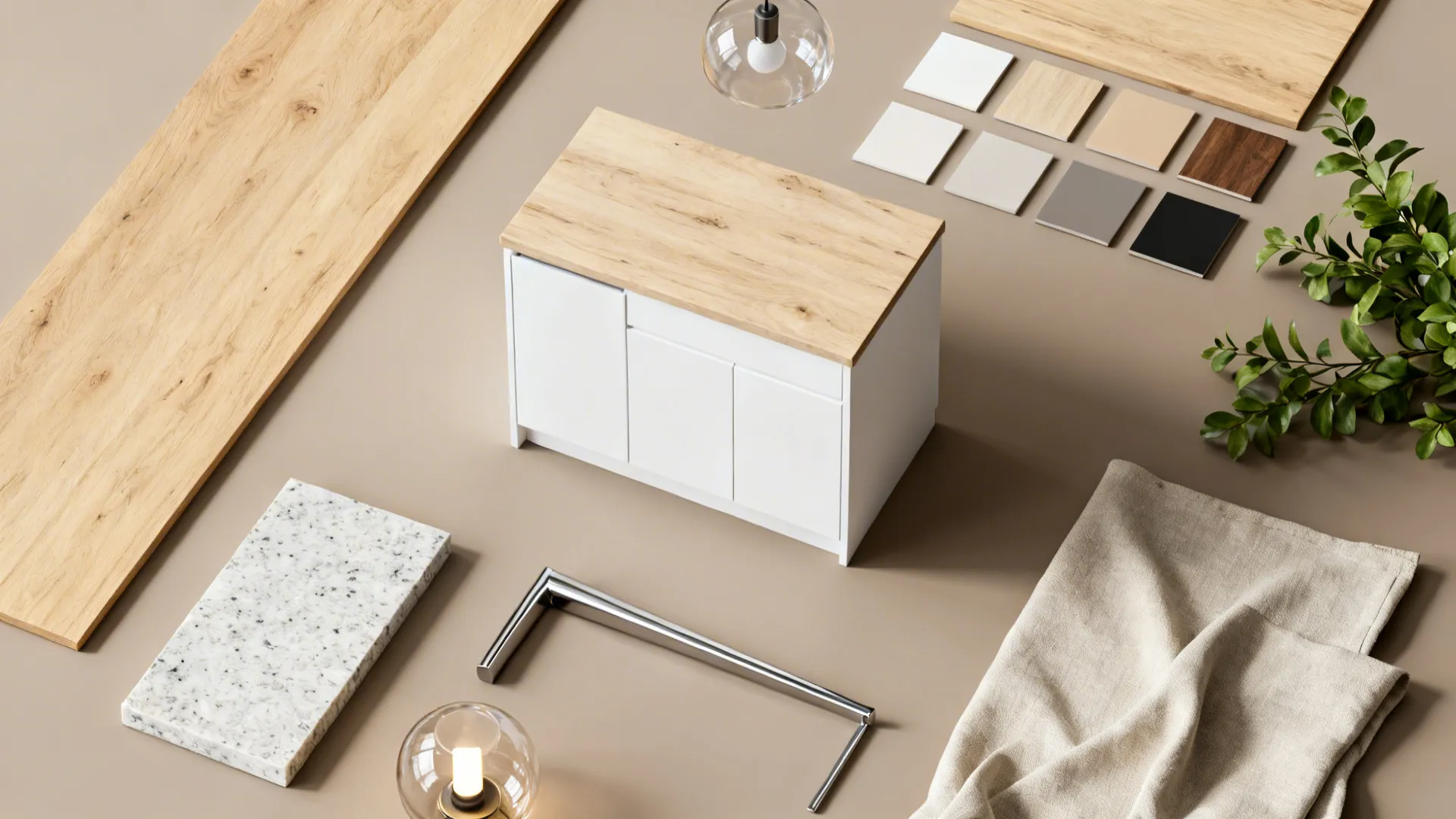 Material flatlay showing wood, quartz, metal leg and pendant samples for small kitchen island design.