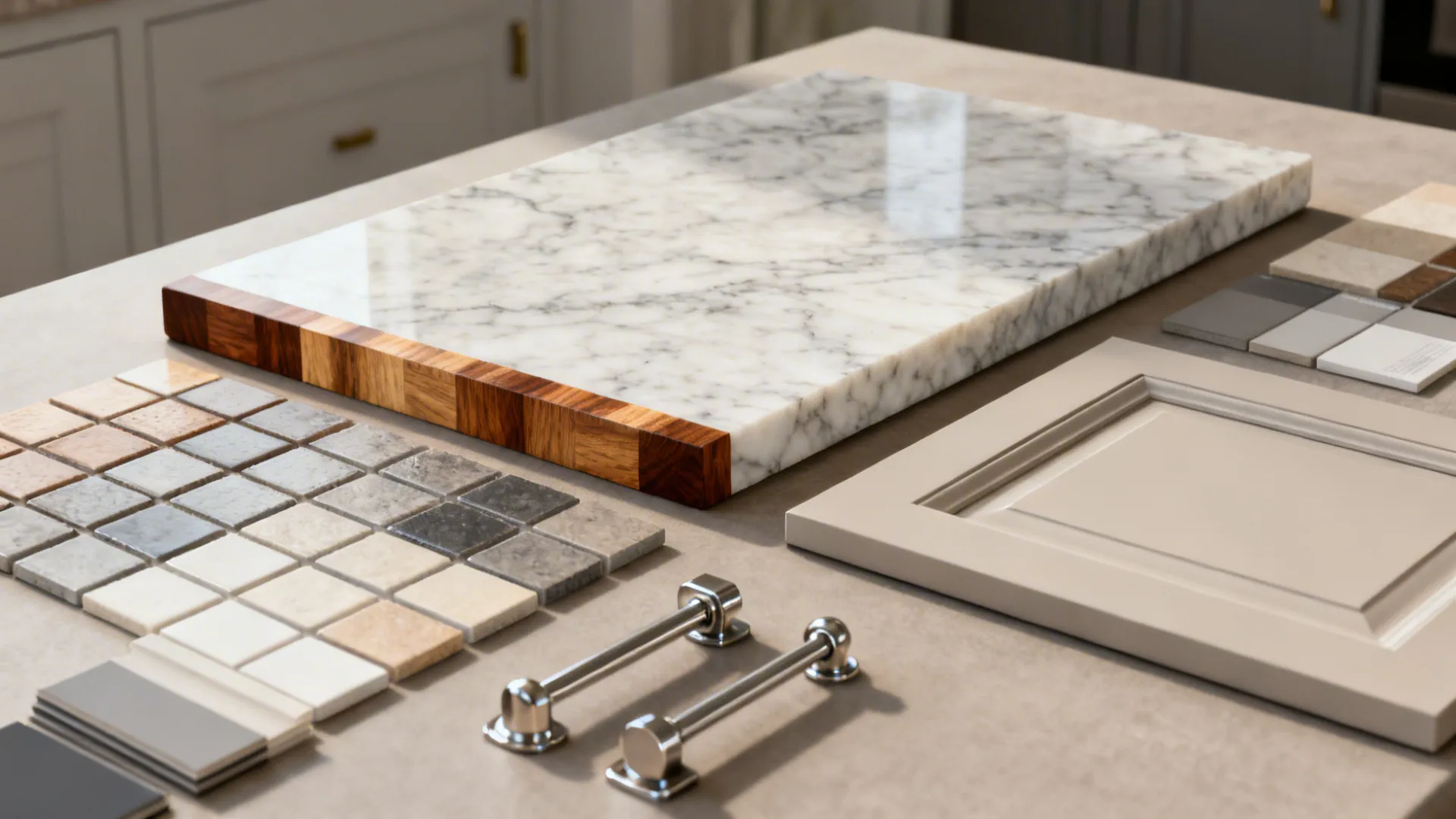 Countertop and material samples including quartz, butcher block and hardware for choosing an island surface.