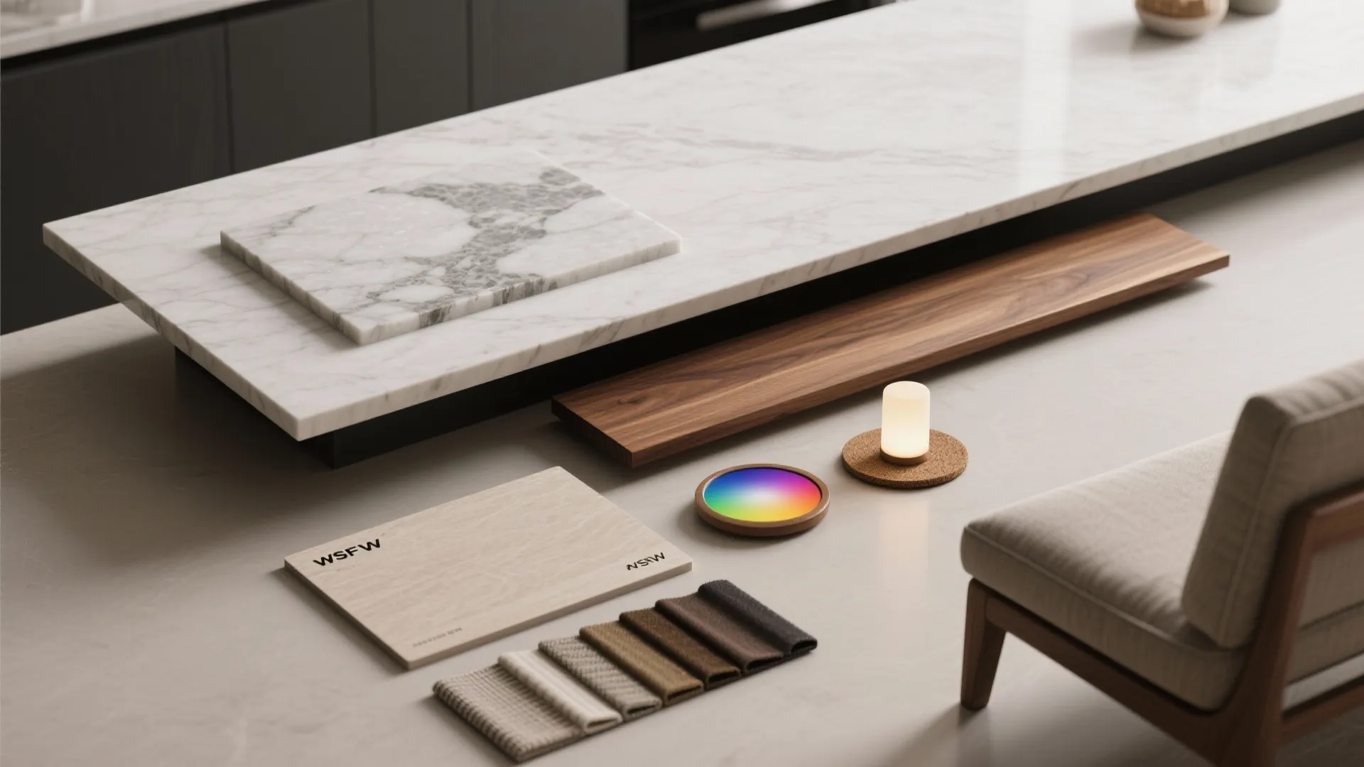 Flatlay of island material samples including quartz, solid wood, laminate and cushion fabrics for dining use.