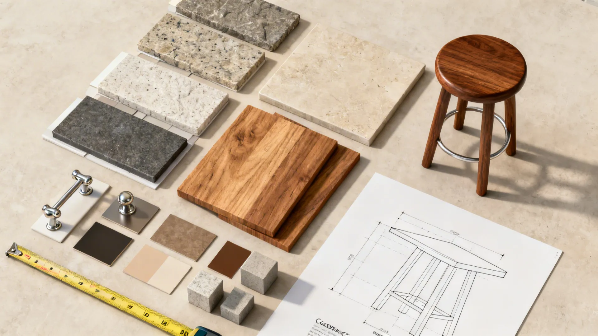 Flat lay of stone and wood samples, hardware, stool finishes, and measuring tools for island planning.