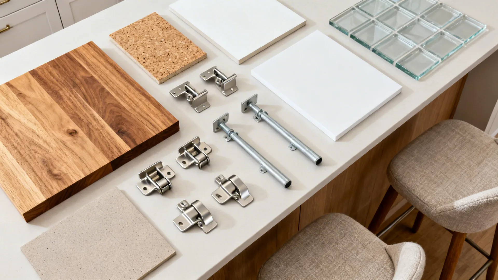 Flat lay of oak, laminate, stainless hinges, soft-close supports, and backsplash samples.