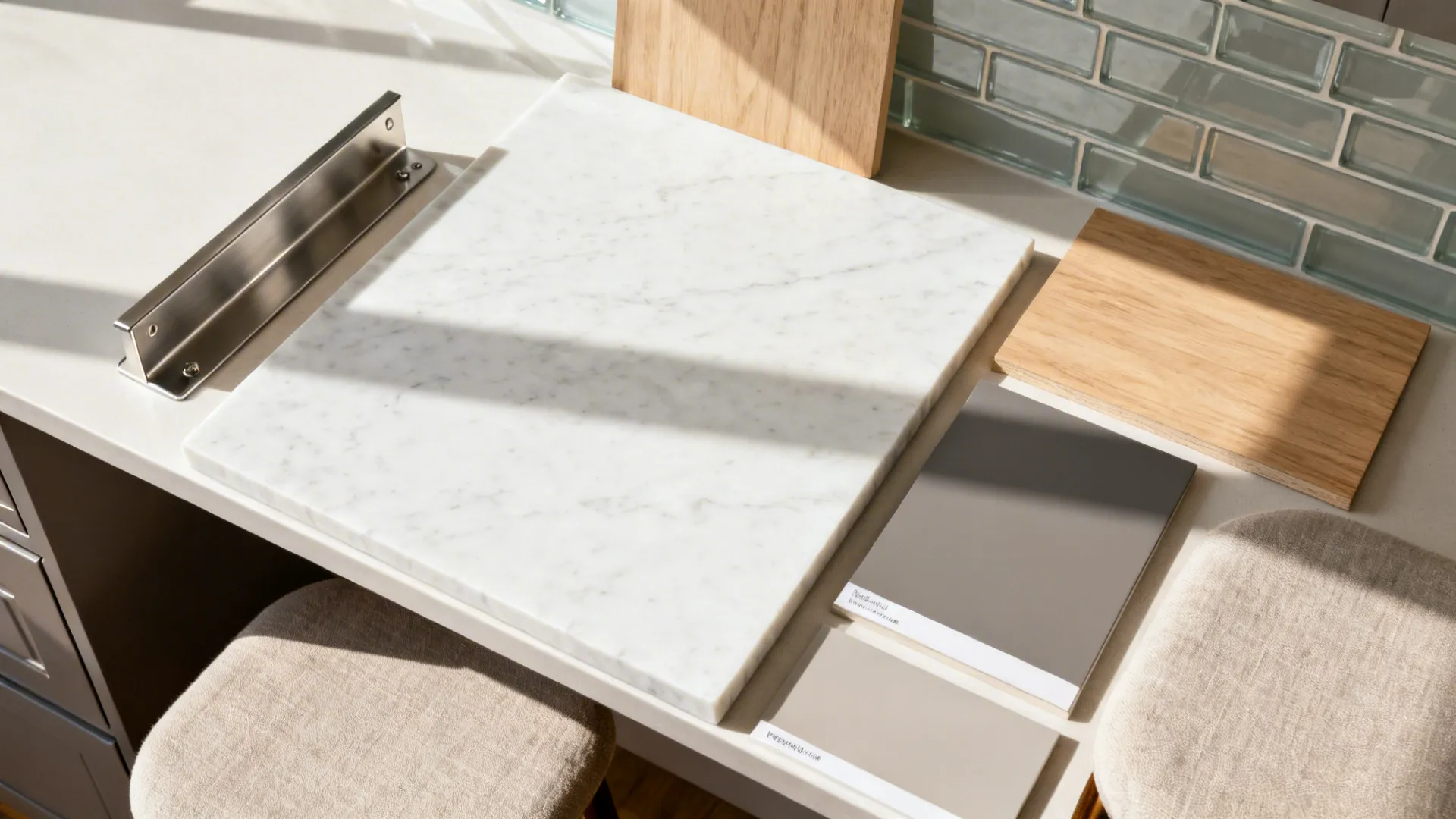 Top-down flat lay of quartz, light oak laminate, warm grey swatch, steel support, and glass tile.