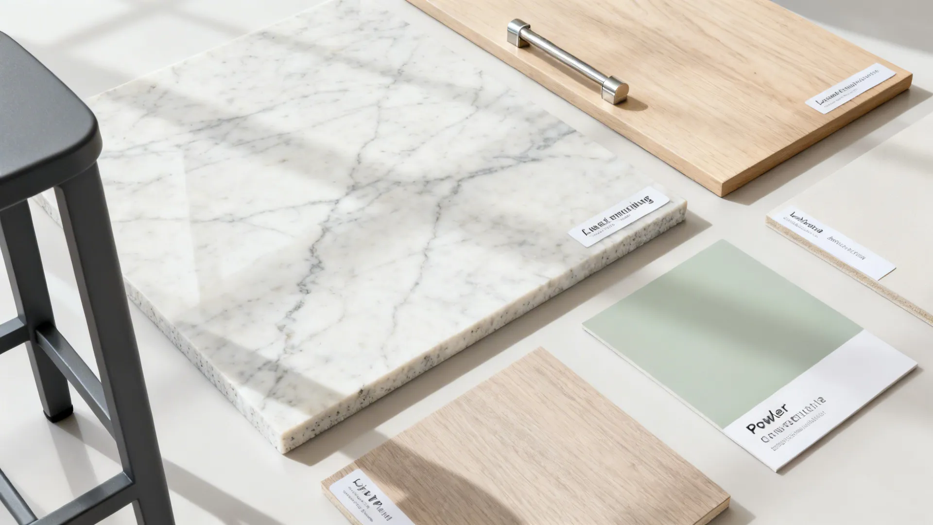 Flat lay of quartz, laminate, pale oak veneer, hardware, and sage paint for island-table.