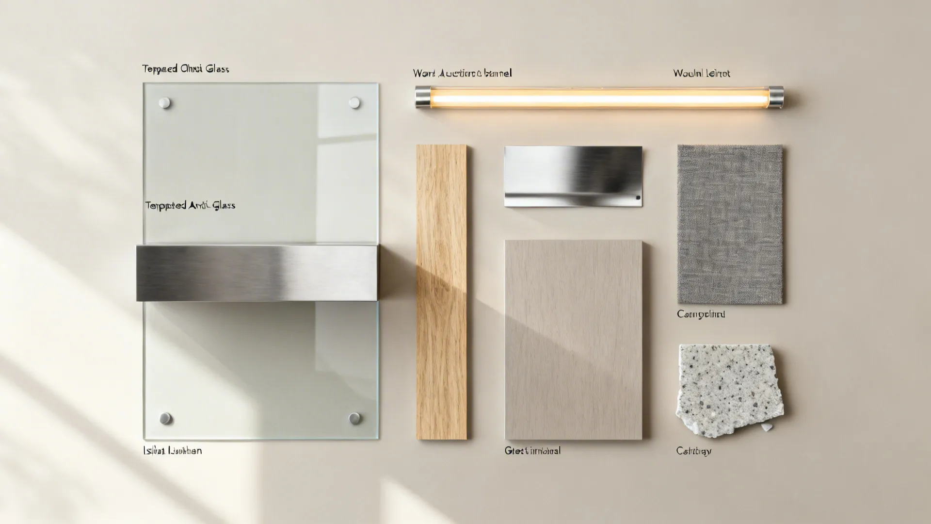 Flat lay of tempered glass, LED, steel, oak, and greige finishes for island chimney design.