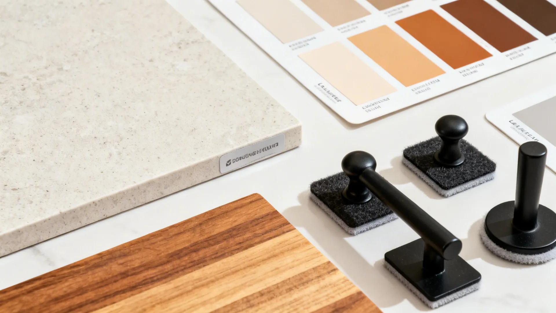 Flat lay of laminate and butcher-block samples, paint swatches, hardware, sliders, and shims.