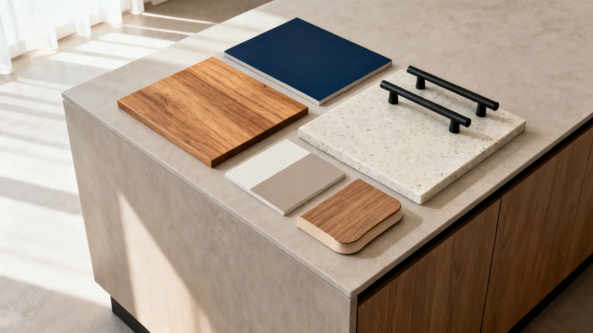 Material flat lay with warm wood, navy paint, honed stone, and hardware.
