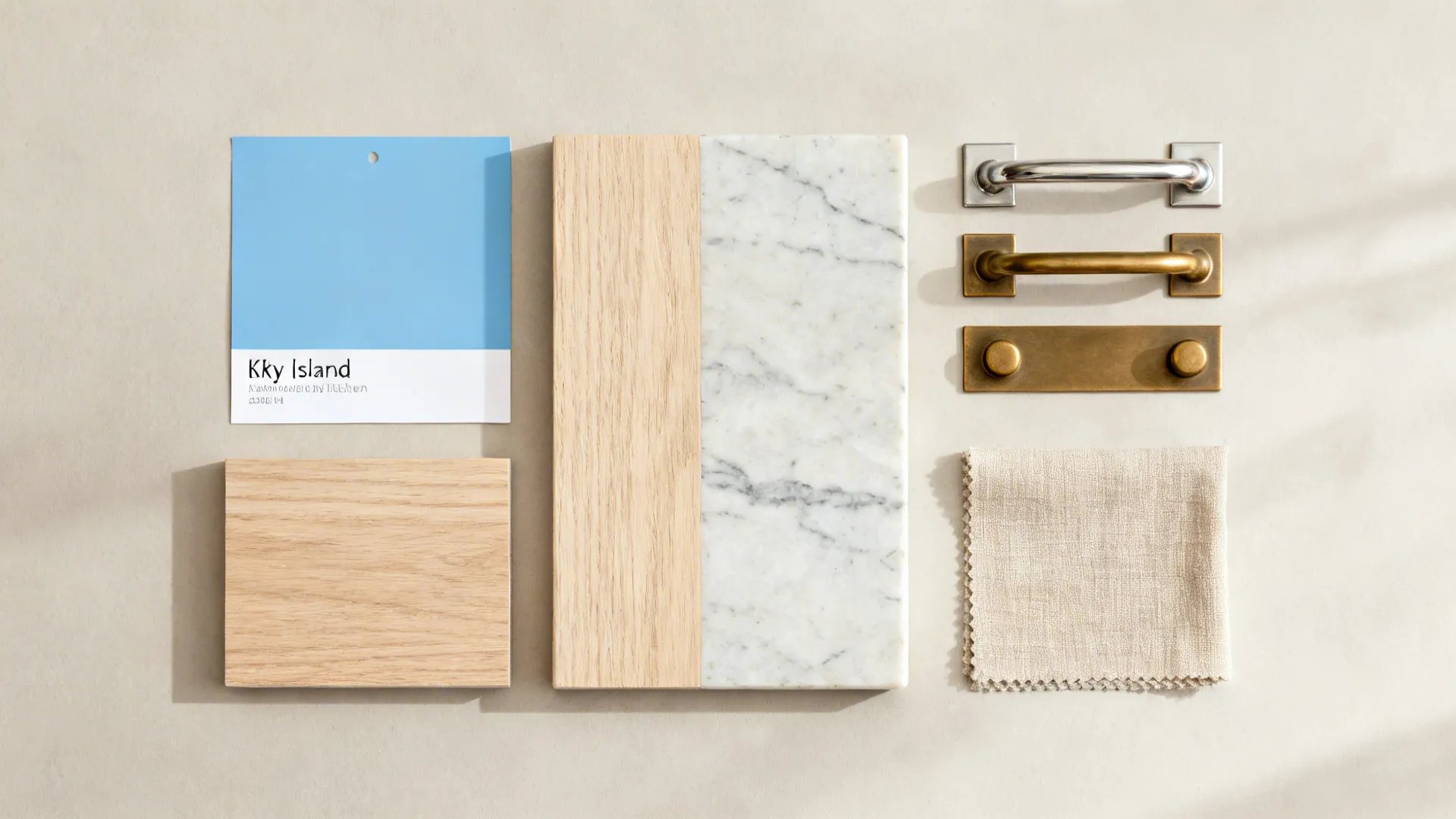 Top-down material board with sky-blue paint, oak wood, light quartz, and mixed metals.