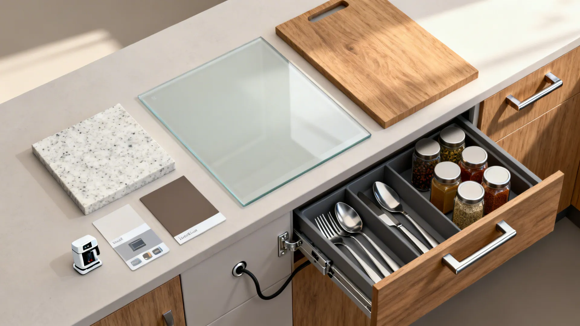 Flat lay of quartz, satin glass, matte lacquer, oak veneer, hardware, and drawer organizers.
