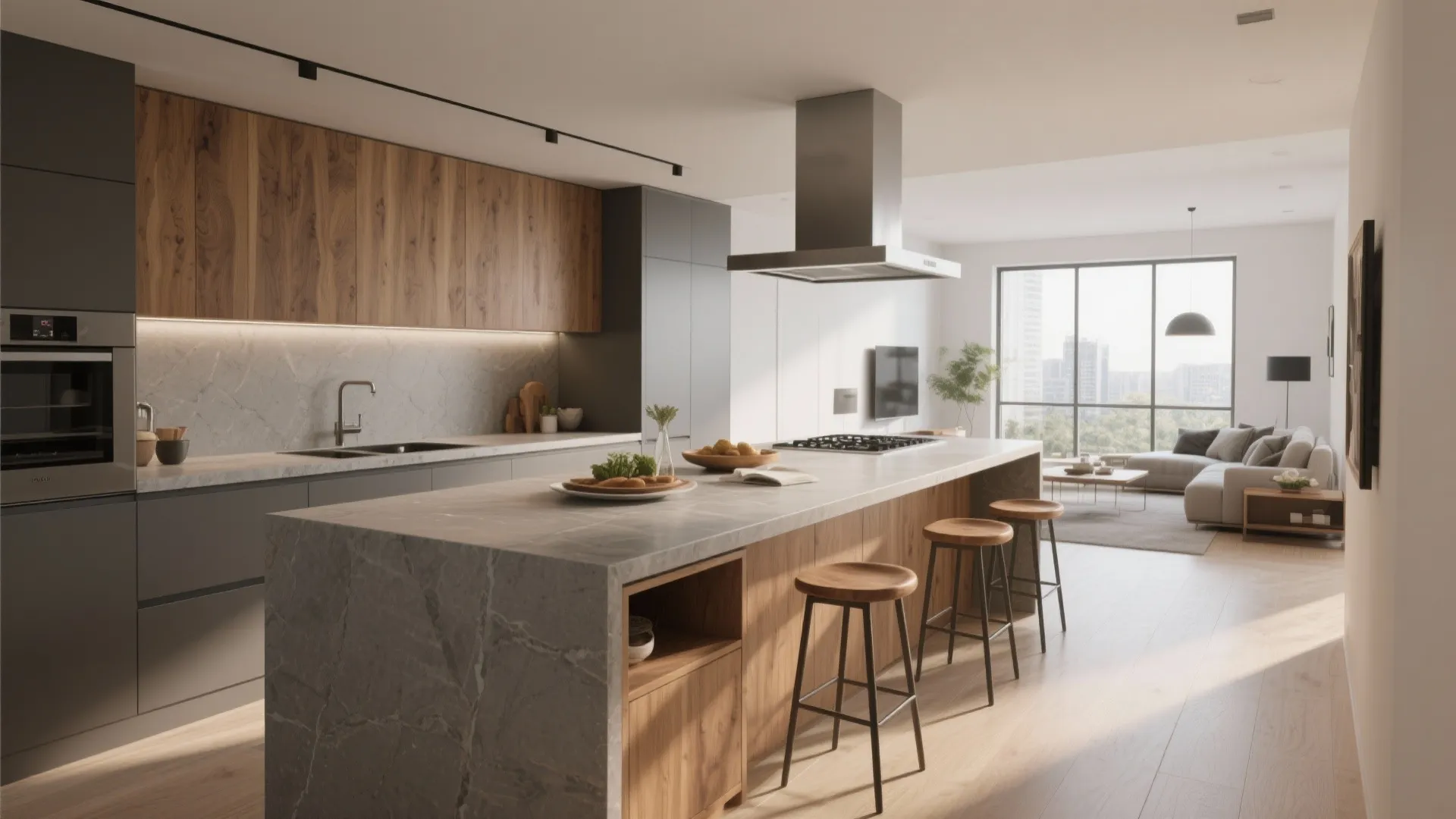 1. Merge kitchen and living with a continuous island
