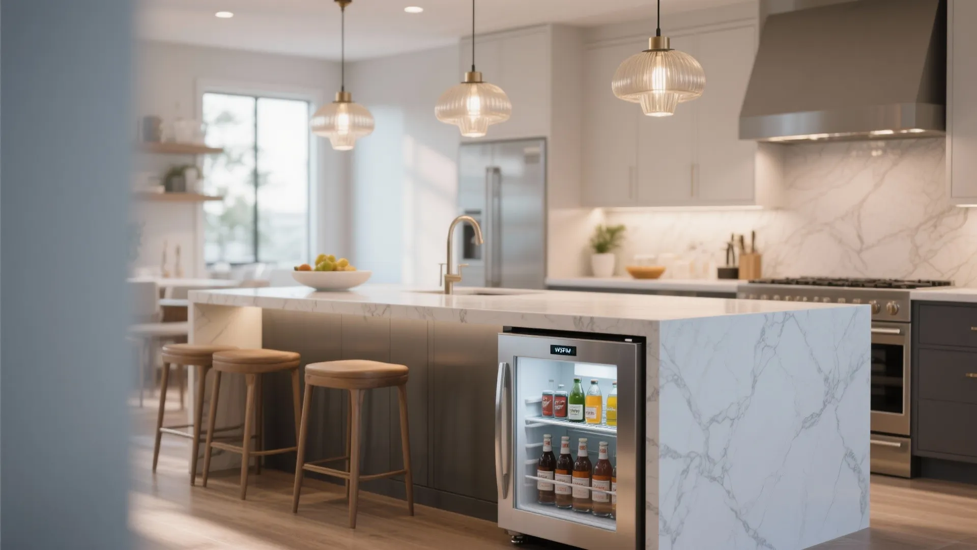 Mini fridge integrated into a kitchen island for drinks