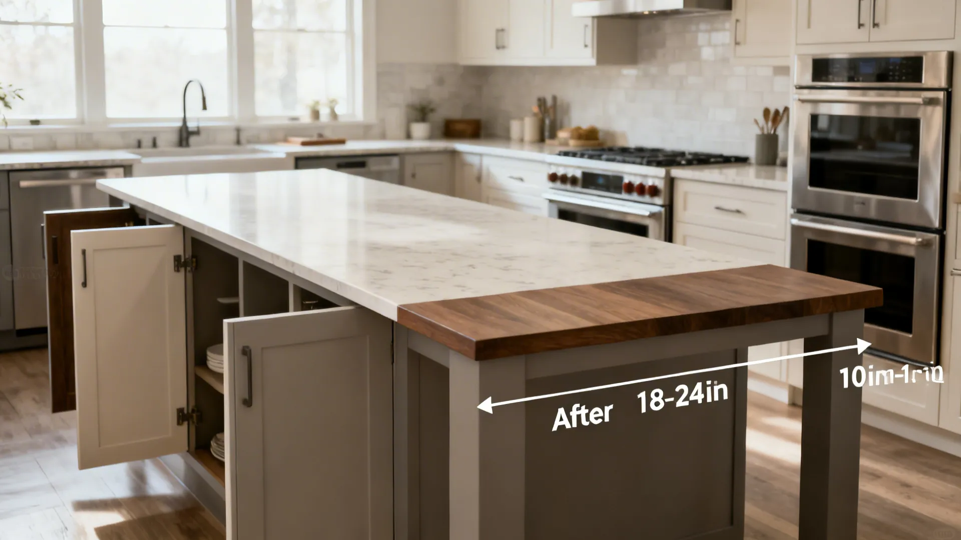 Before and after of a small island corrected for width, knee space, and door swings.