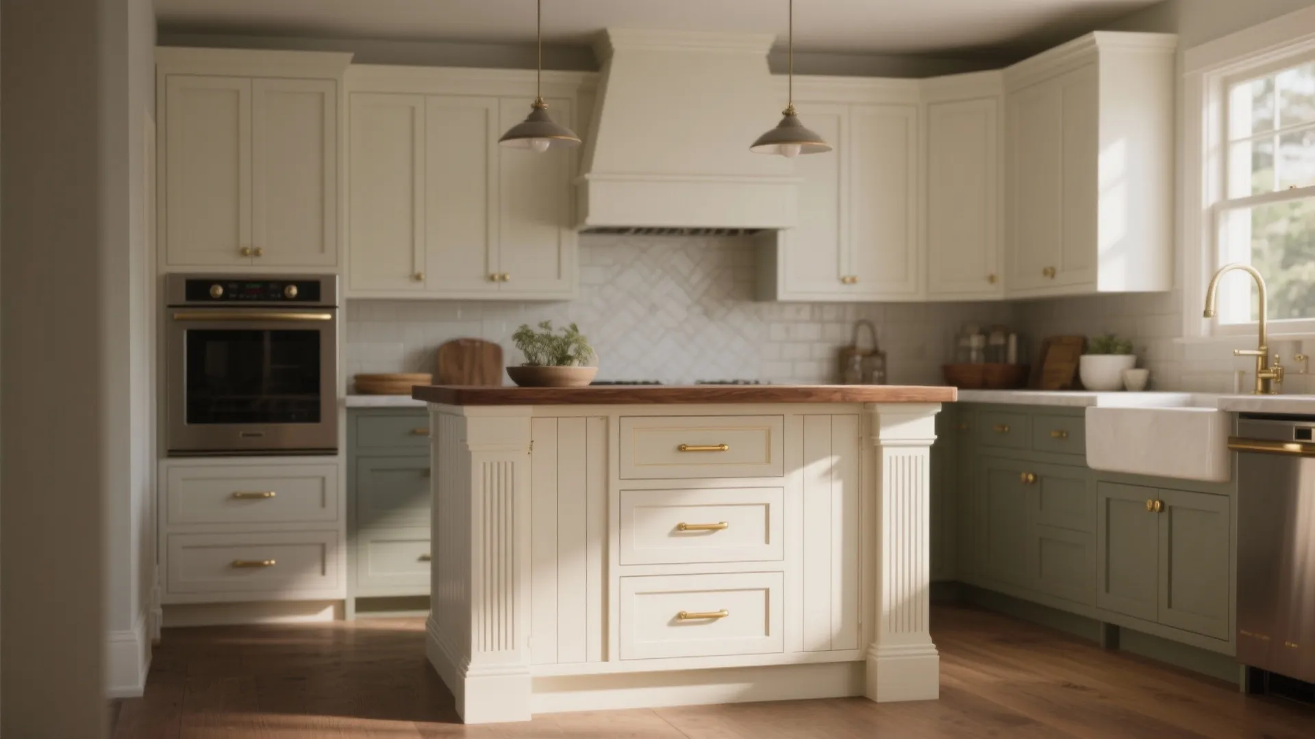 Modern farmhouse kitchen with green cabinets white wall panel island and two hanging ceiling lights