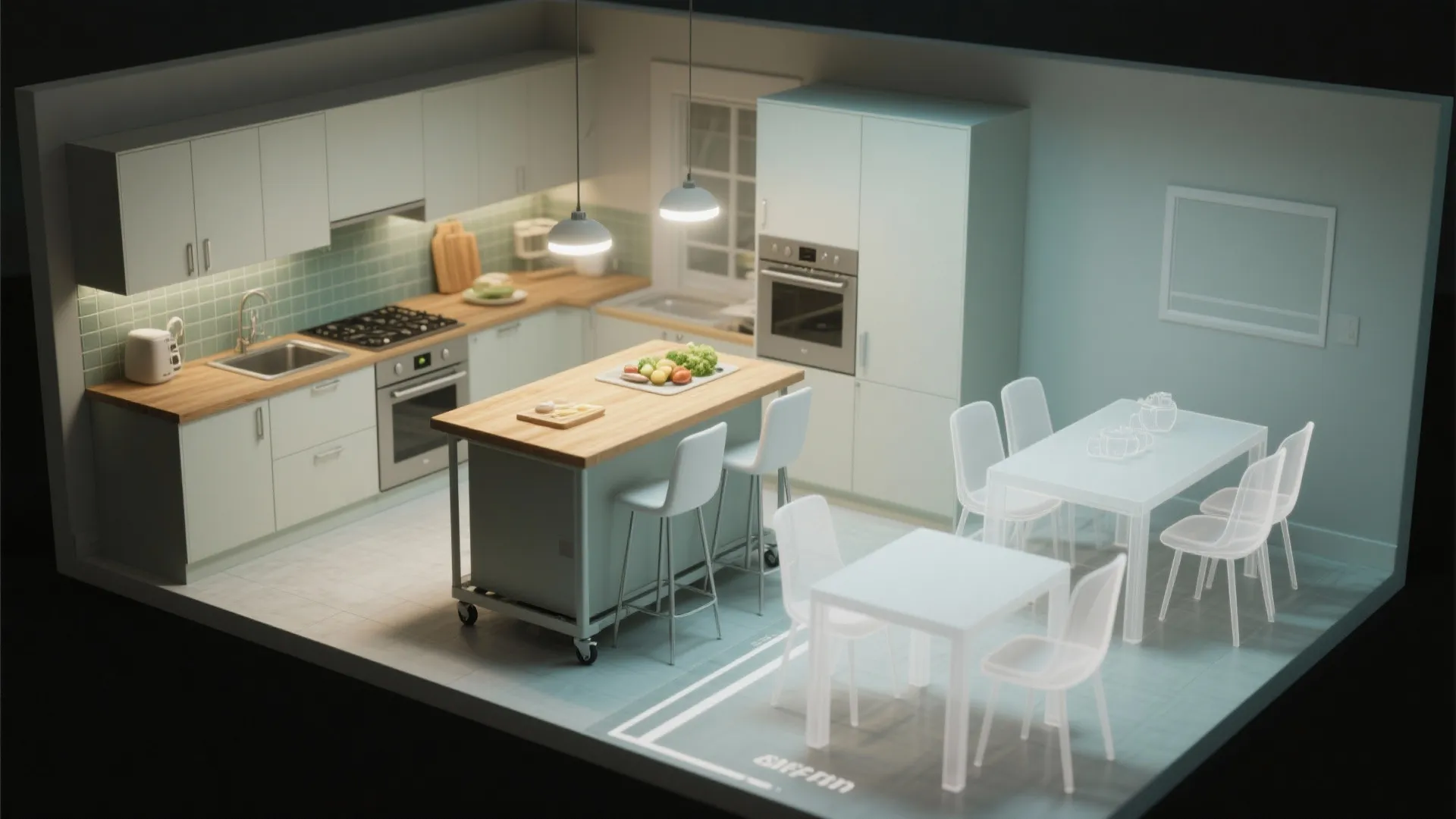 Modern kitchen interior design drawing showing kitchen island with wood top and white dining furniture