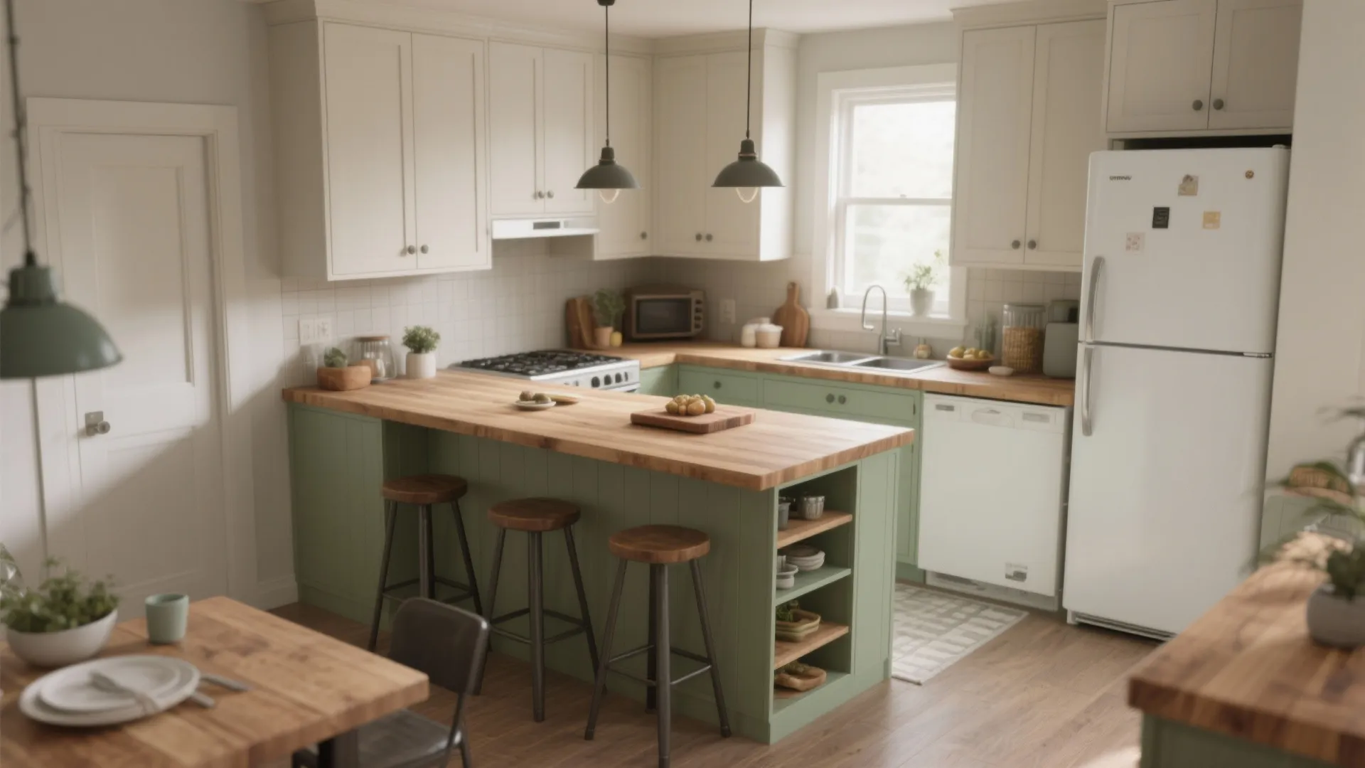 Open kitchen in a one‑bedroom with a multi‑use island serving as prep area, dining seating and storage.