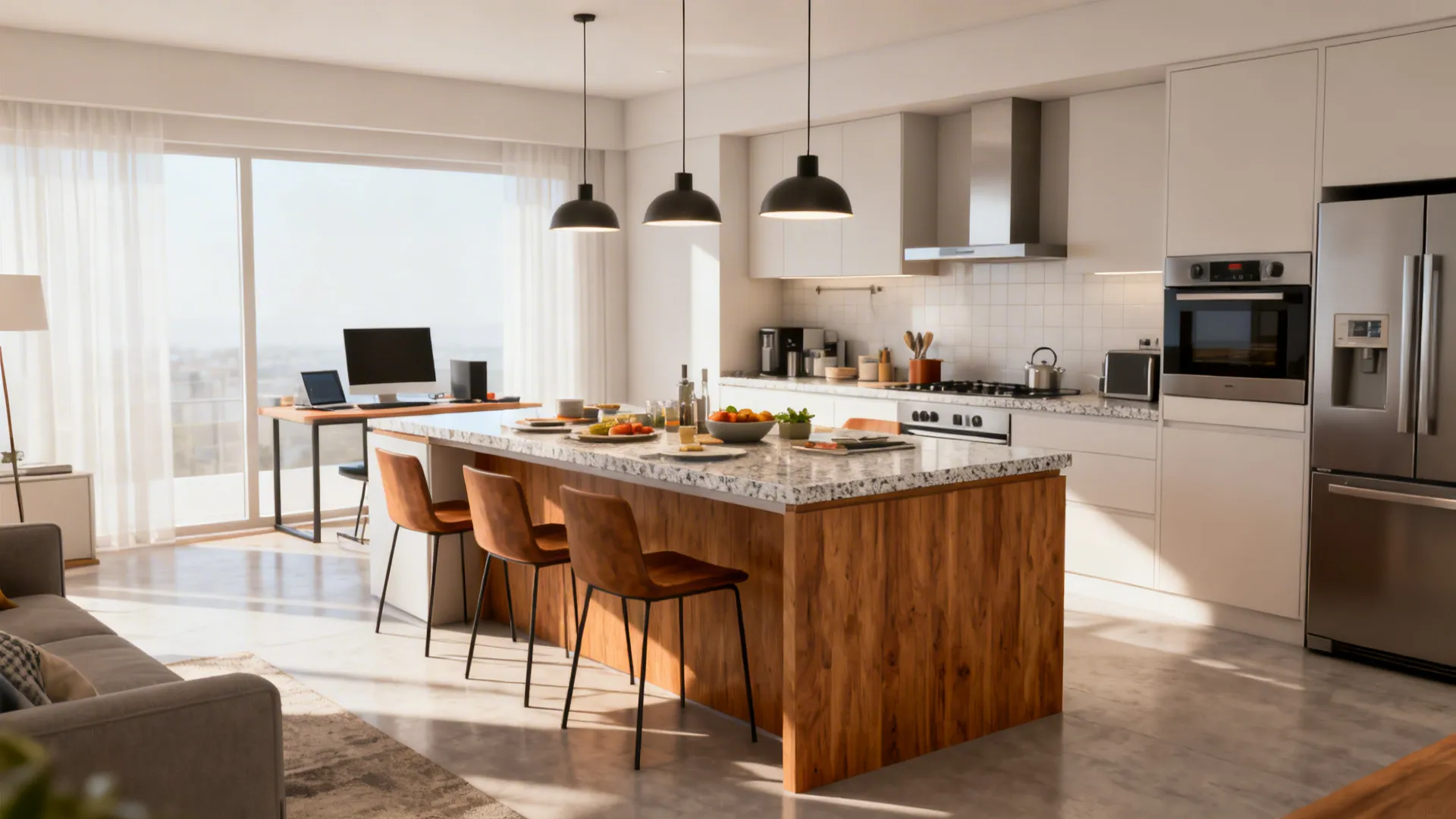 Multifunctional island serving as prep area, dining table and workspace