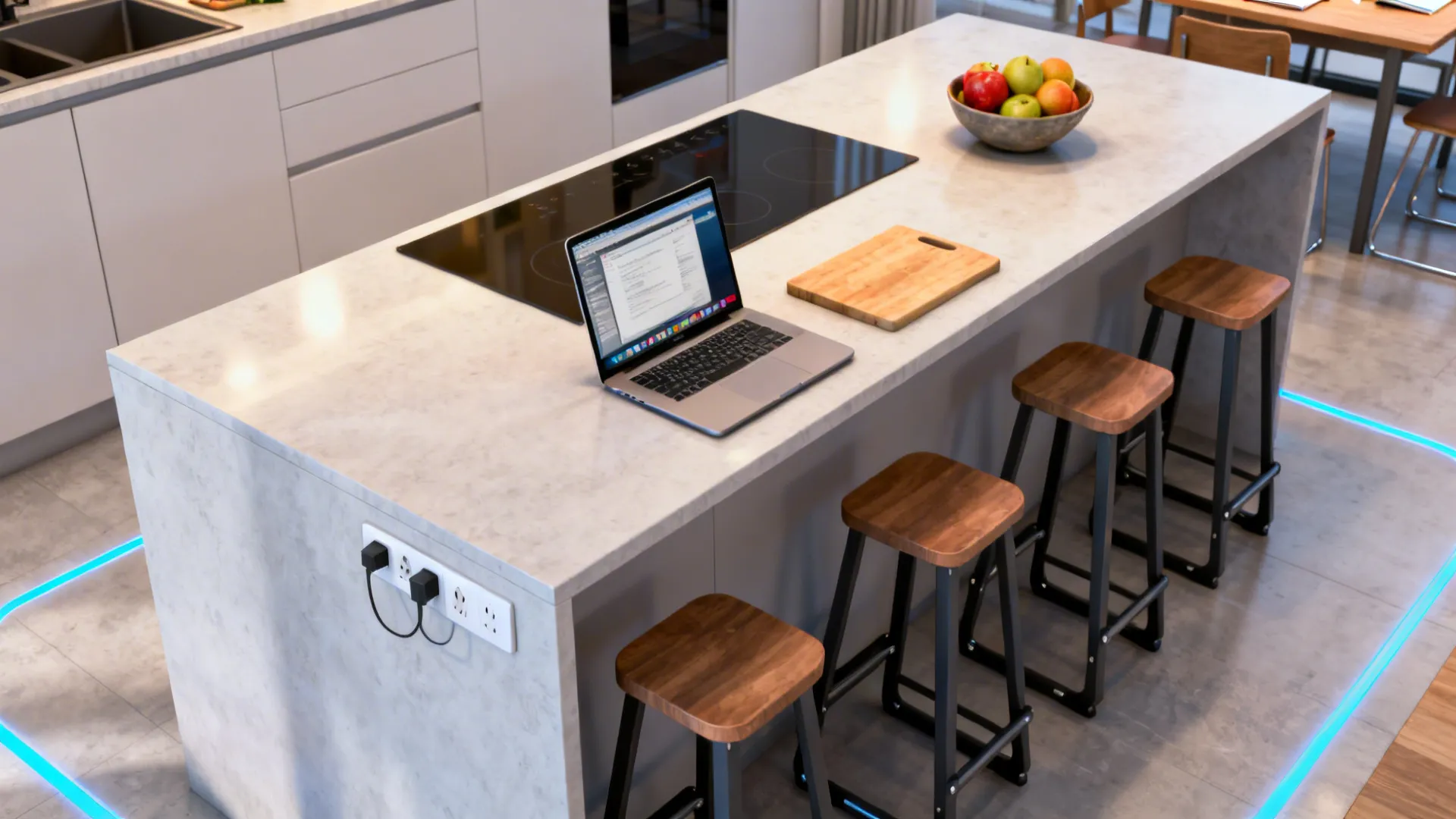 Extended kitchen island used for prep, casual dining and homework with adjustable stools and integrated outlets.