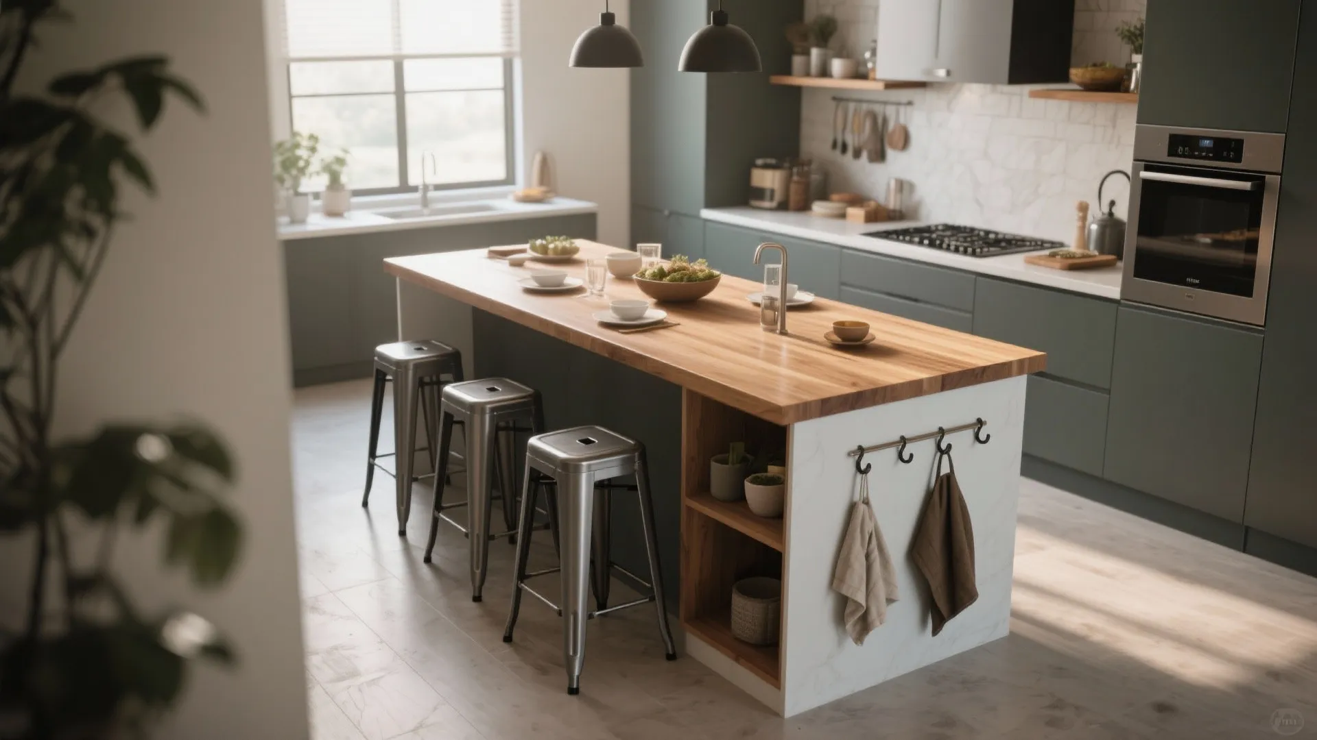 Modern kitchen featuring a wooden island with metal stools green cabinets and black ceiling lights