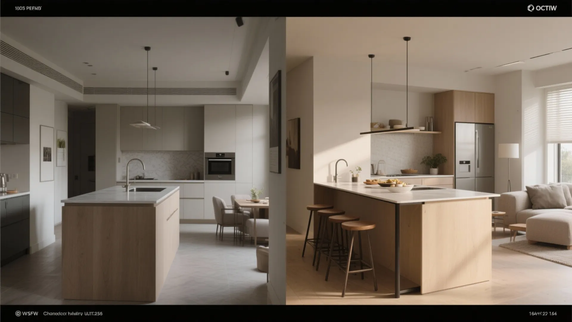 Two different views of a modern kitchen island with wooden stools and minimalist white cabinets