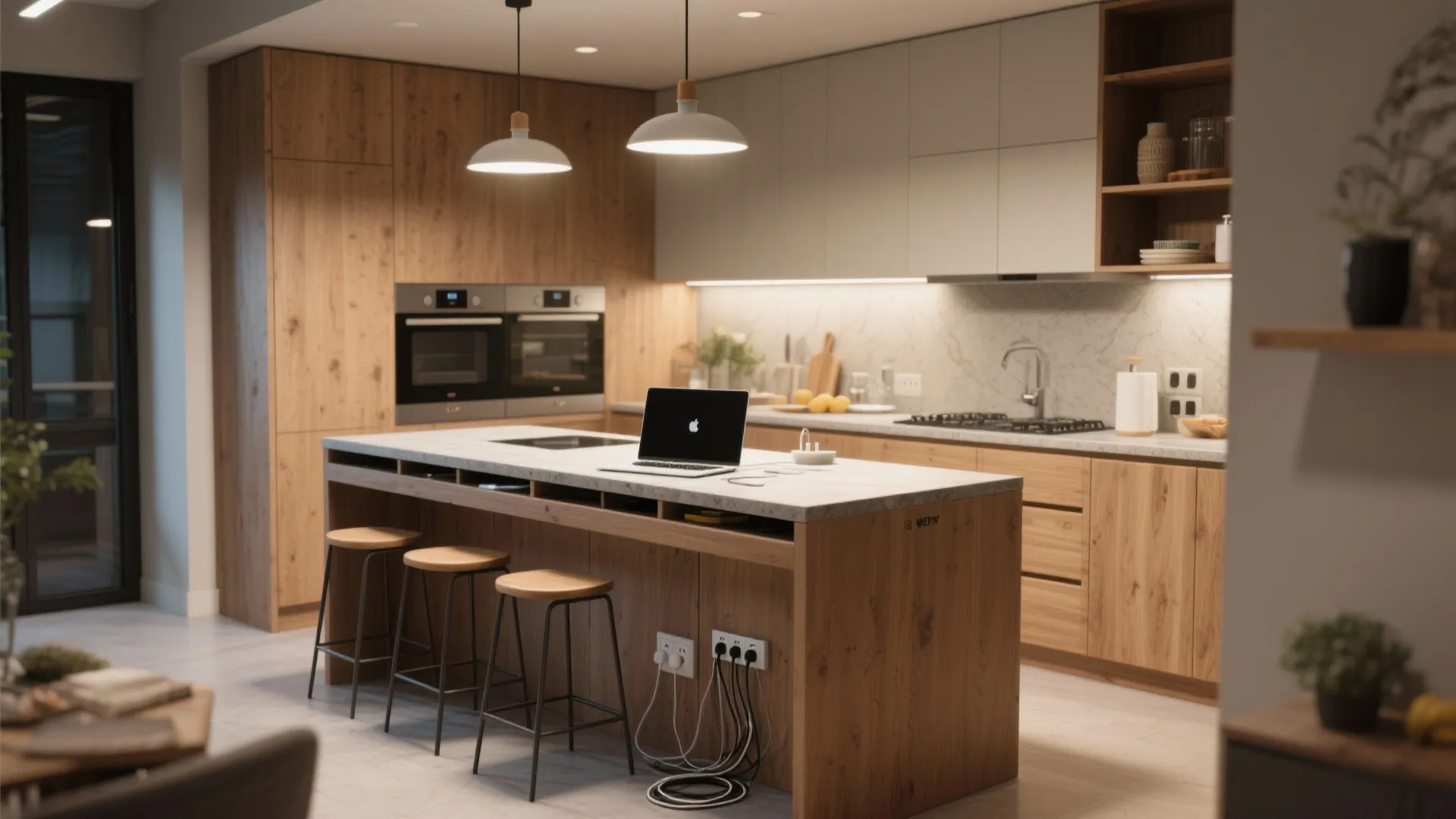 Short island serving as prep area and laptop station with tuck-away stools and built-in power.