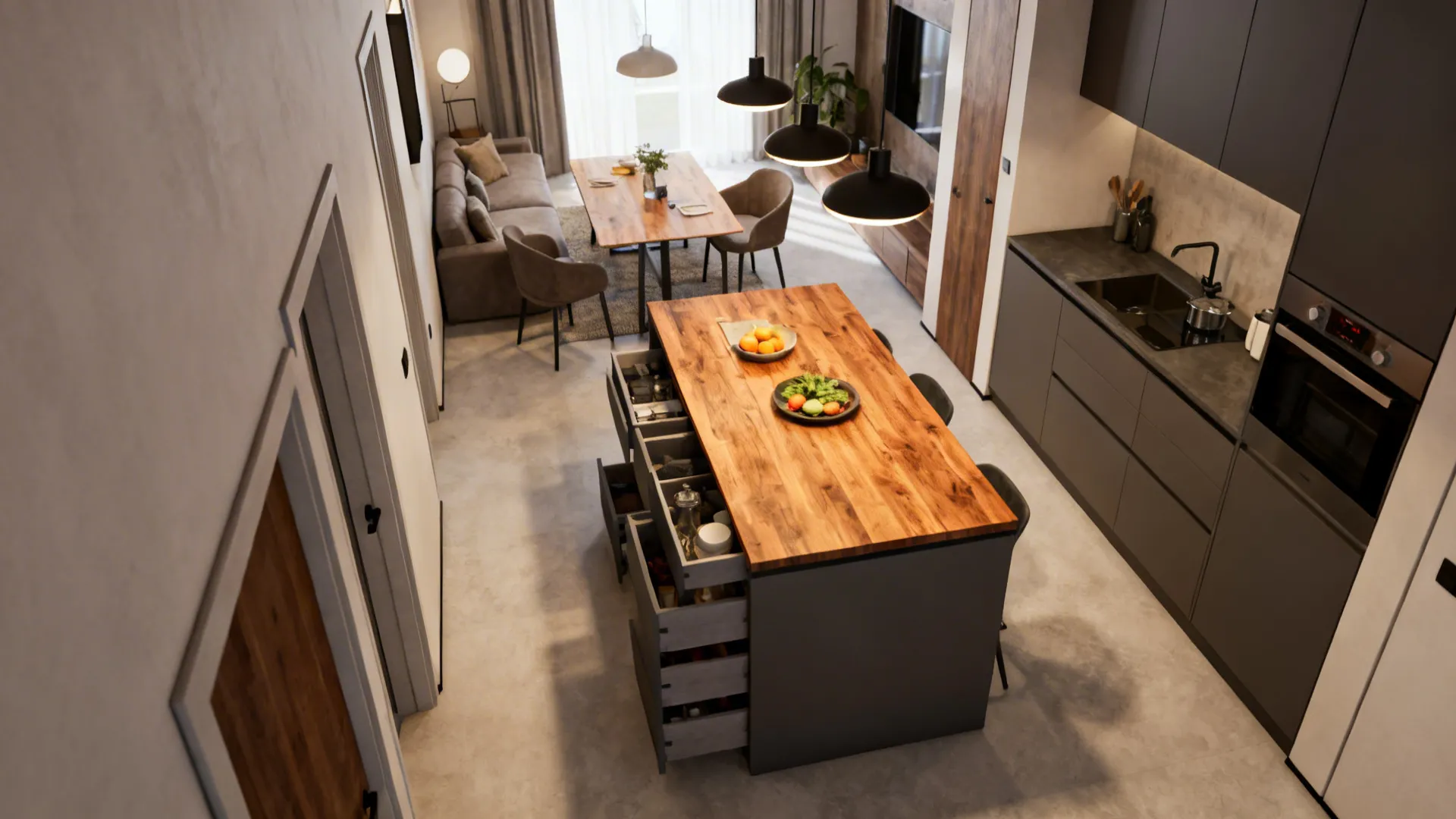 Narrow kitchen island used for prep, dining, and storage in a compact open-plan layout