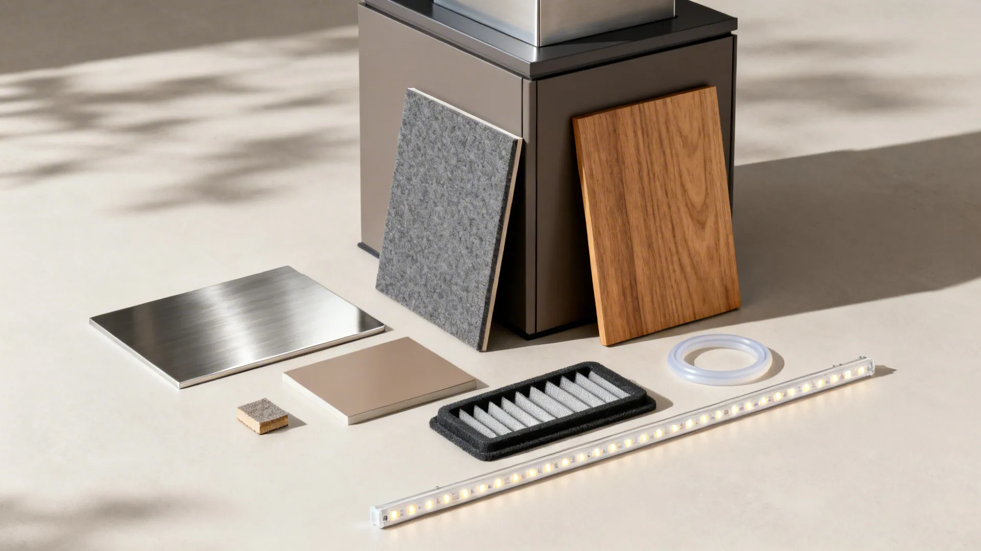 Collection of kitchen materials including wood board metal sheet felt light strip filter and ring