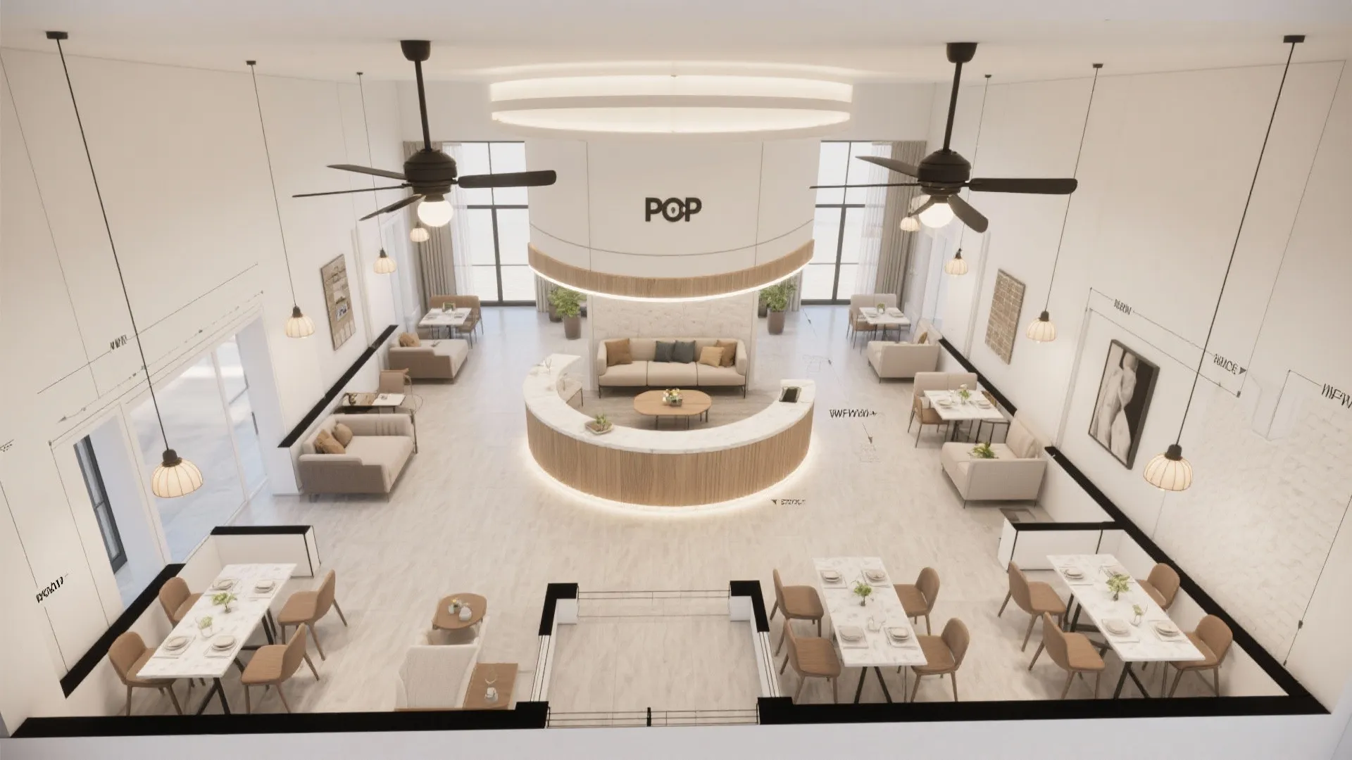 Interior design drawing of a large cafe with tables chairs sofas ceiling fans and counter