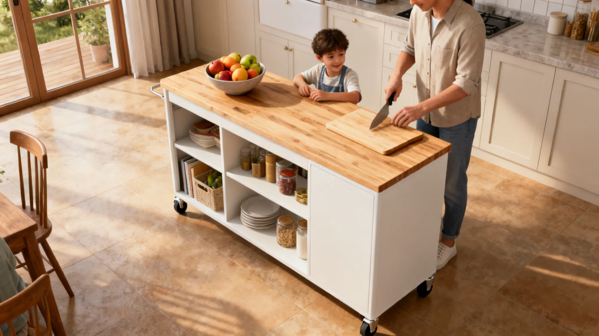 Slim multifunctional kitchen island on casters pulled out for meal prep with butcher block top and open storage.