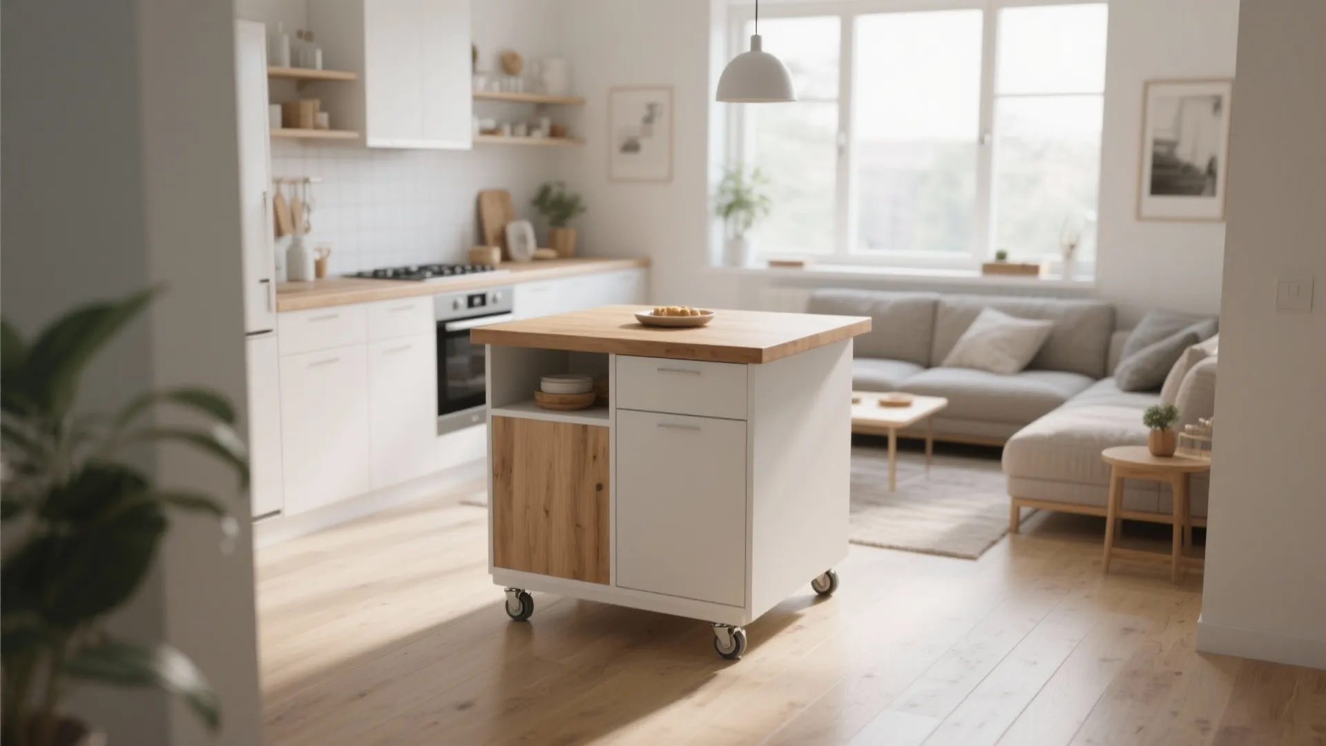 Small white kitchen island on wheels with wood top standing in a modern living space